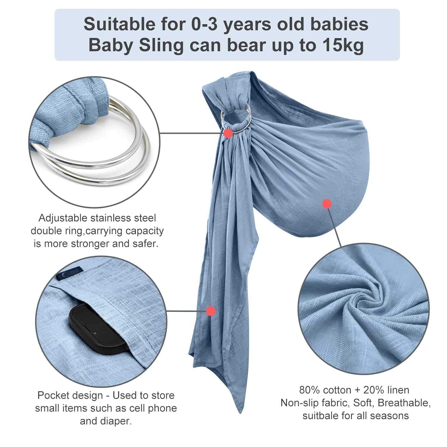 Portabebés con anillo para recién nacidos a niños pequeños, portabebés de algodón de lino suave, fácil de llevar, de doble bucle, de muselina