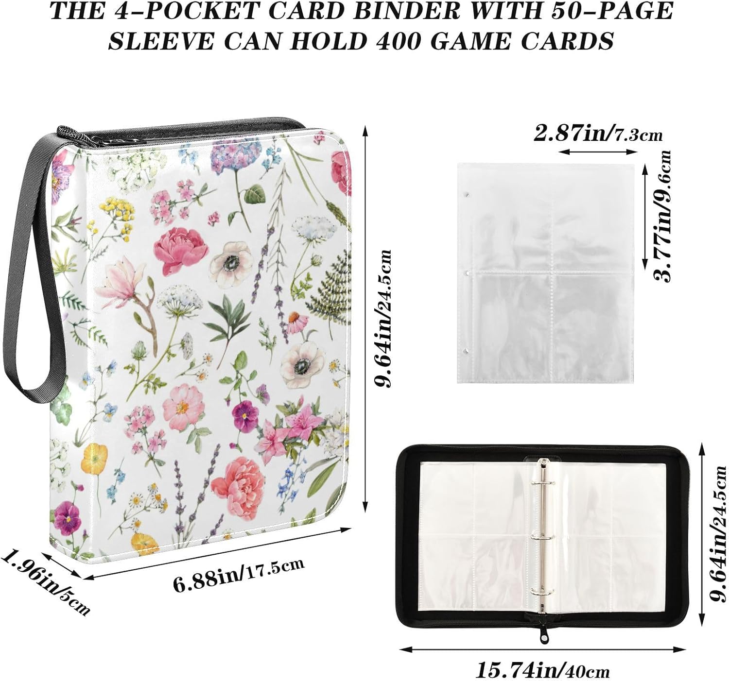 Carpeta de tarjetas coleccionables de rosas florales con 4 bolsillos con 50 fundas extraíbles, carpeta de álbumes de tarjetas de 3 anillos con