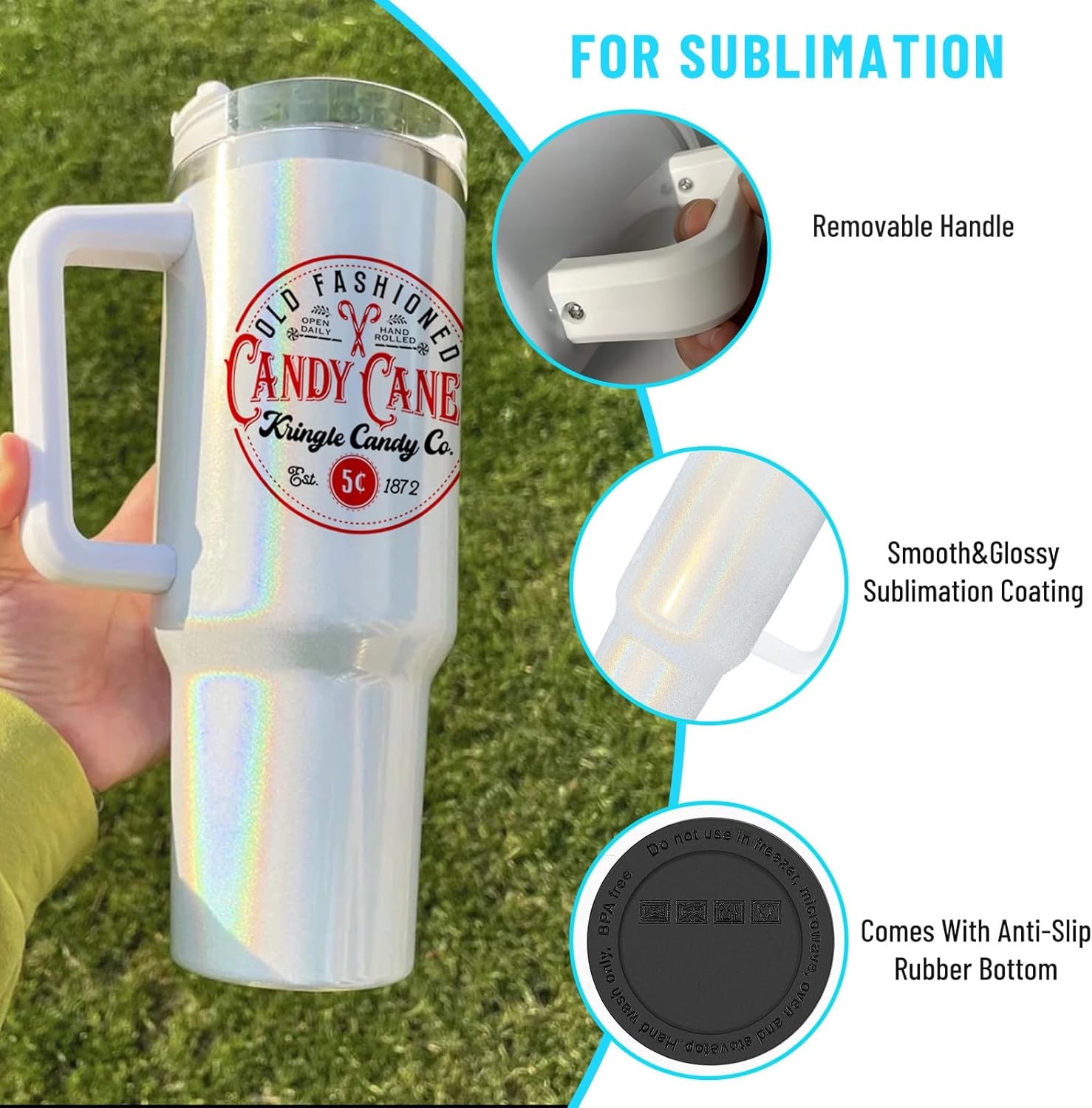 Stanley Dupe – Vaso de sublimación holográfico de 40 onzas con asa y tapa de pajita, vaso de sublimación de 40 onzas con mango extraíble, vaso de