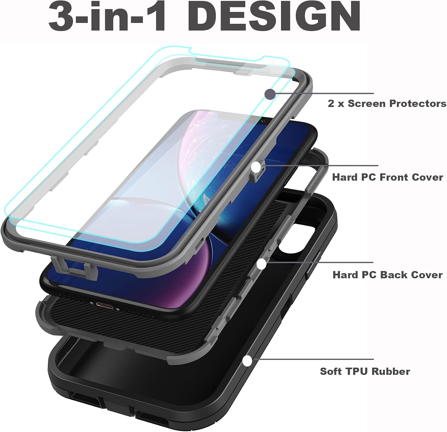 Funda para iPhone XR con 2 protectores de pantalla, resistente a los golpes, a prueba de caídas, a prueba de polvo, protección militar de 3 capas,