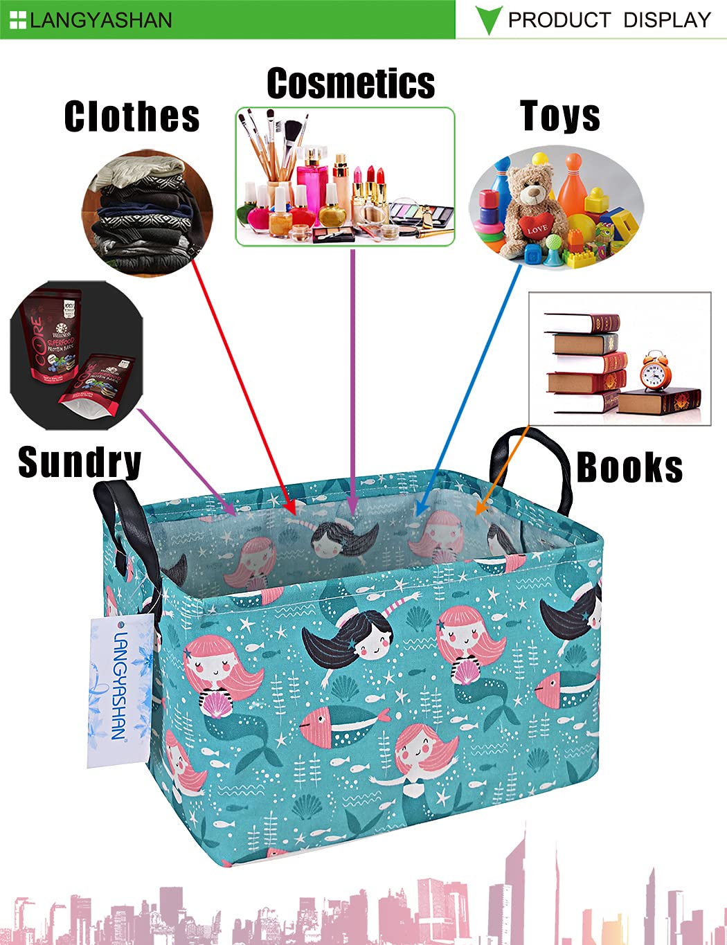 LANGYASHAN Cesta de almacenamiento rectangular de lona plegable de tela de dibujos animados con asas para organizar el hogar, cocina, niños y niñas,