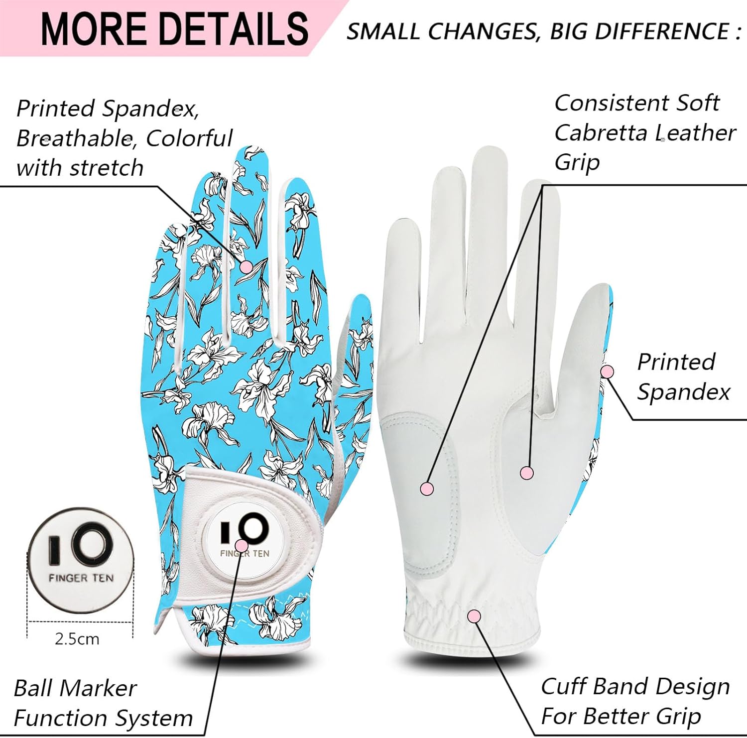 FINGER TEN Guantes de golf para mujer, mano izquierda y derecha, de cuero, con marcador de bola, guantes de colores para mujeres diestras y zurdas,