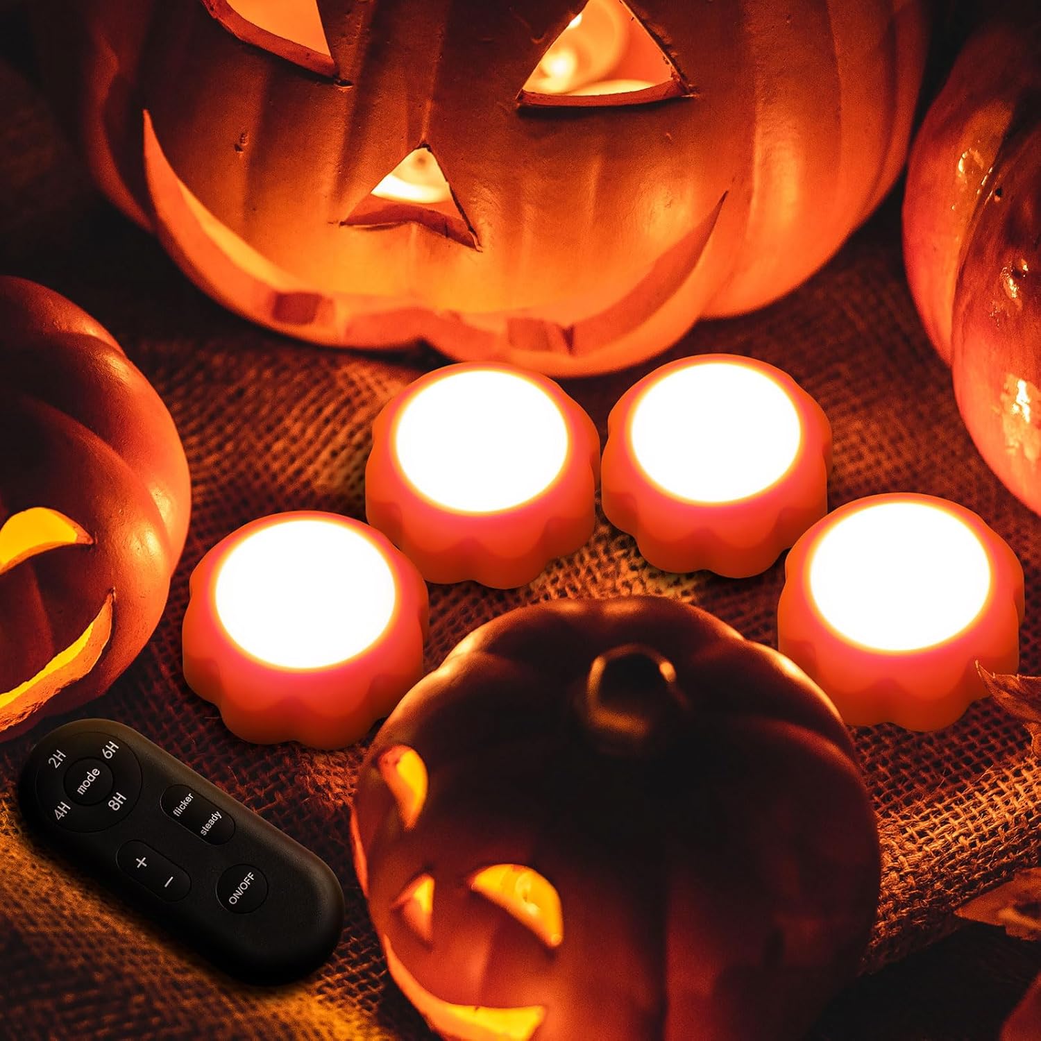 Mrcrafts Paquete de 4 luces de calabaza de Halloween, luces LED RGB Jack-O-Lantern, funcionan con pilas con control remoto y temporizador,