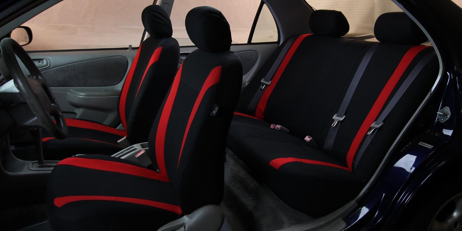 FH Group Cosmopolitan – Fundas de asiento de automóvil, protector rojo para bolsa de aire y fundas de asiento trasero divididas con alfombrillas de