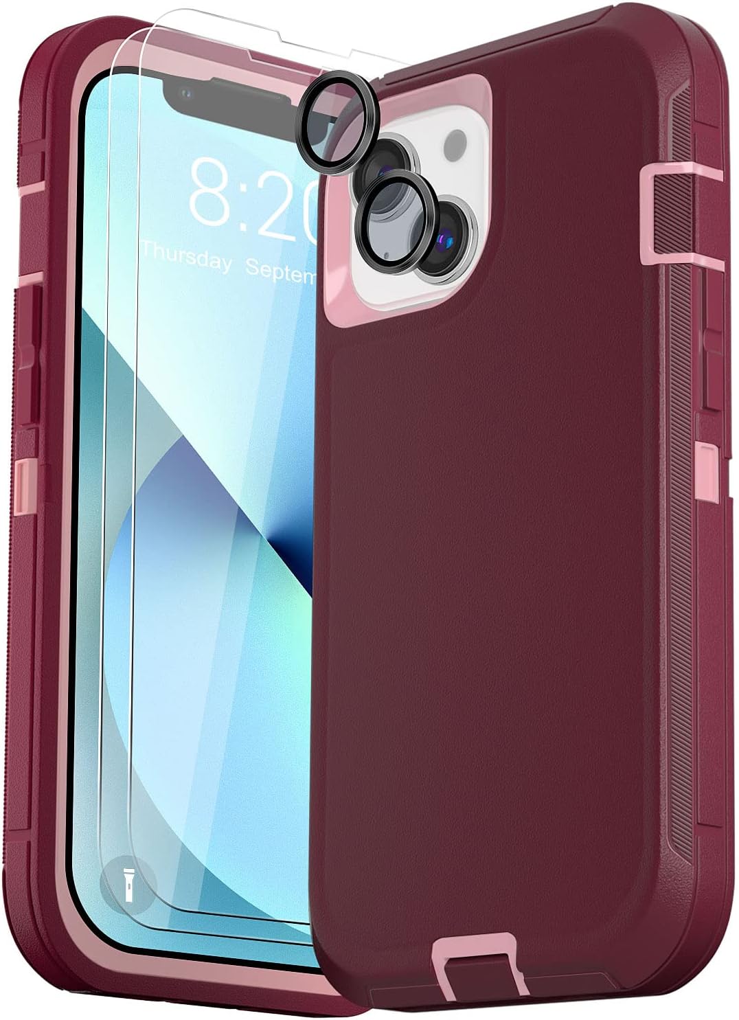DHCALL Funda para iPhone 13 (6.1 pulgadas), con 2 protectores de pantalla de vidrio templado + 2 protectores de lente de cámara protección contra