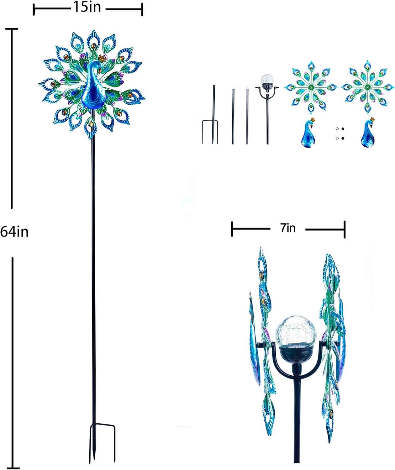 Molinillo de viento para exteriores, escultura de metal con energía solar, 15 pulgadas y 64 pulgadas de altura, cinético pavo real, bola de vidrio