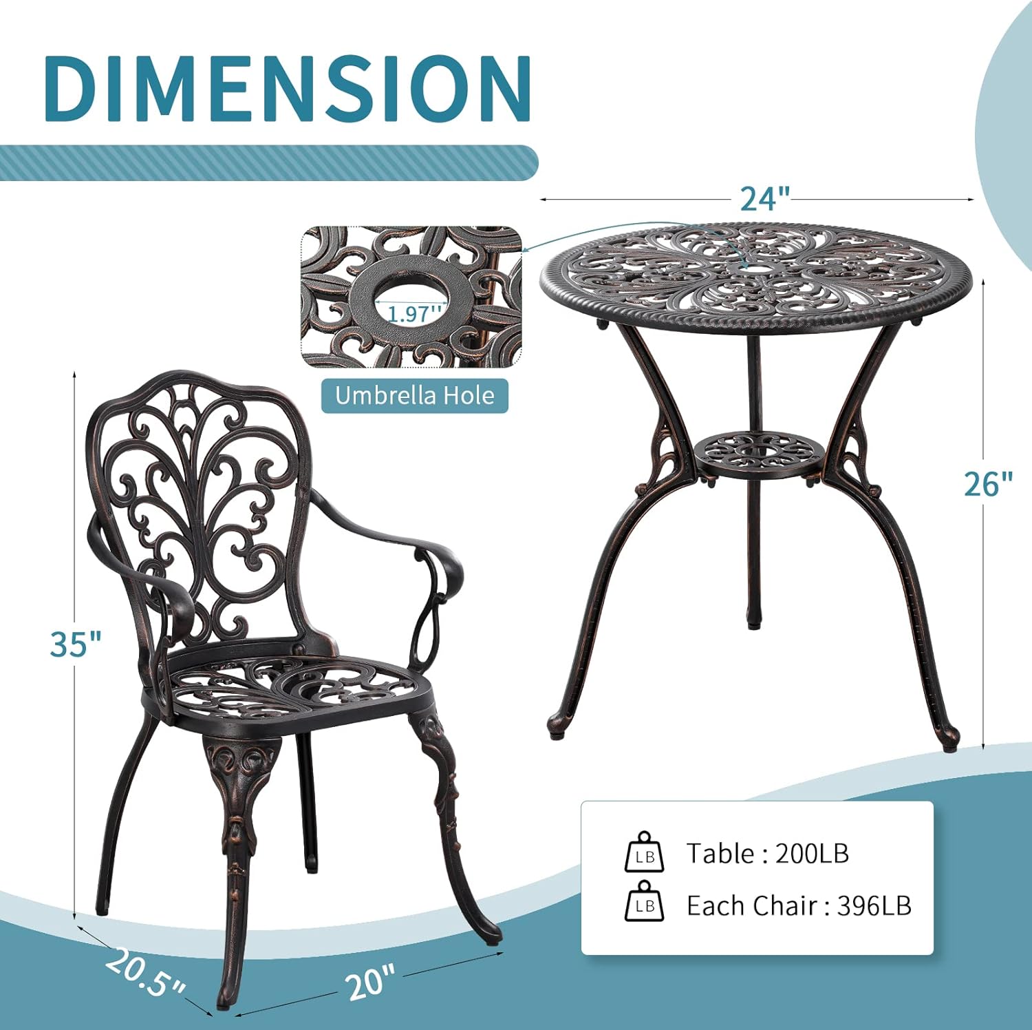 Withniture Bistro – Juego de 3 piezas de mesa y silla de bistró al aire libre, juego de 2 muebles de patio de aluminio fundido con agujero para