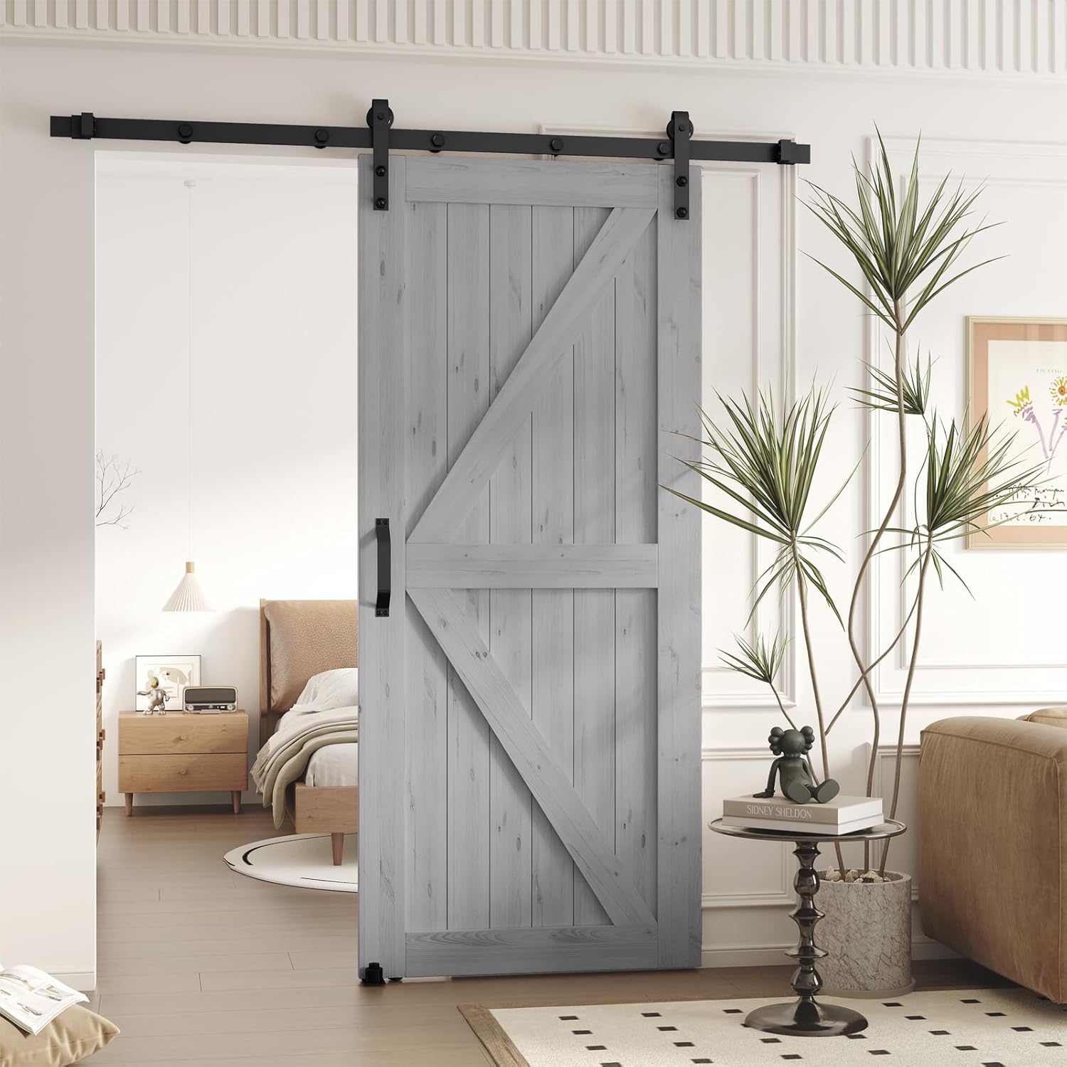 Pipleo – Puerta de granero de 303642 x 84 pulgadas con kit de herrajes para puerta de granero y asa, guía de suelo incluida, puerta corredera sin