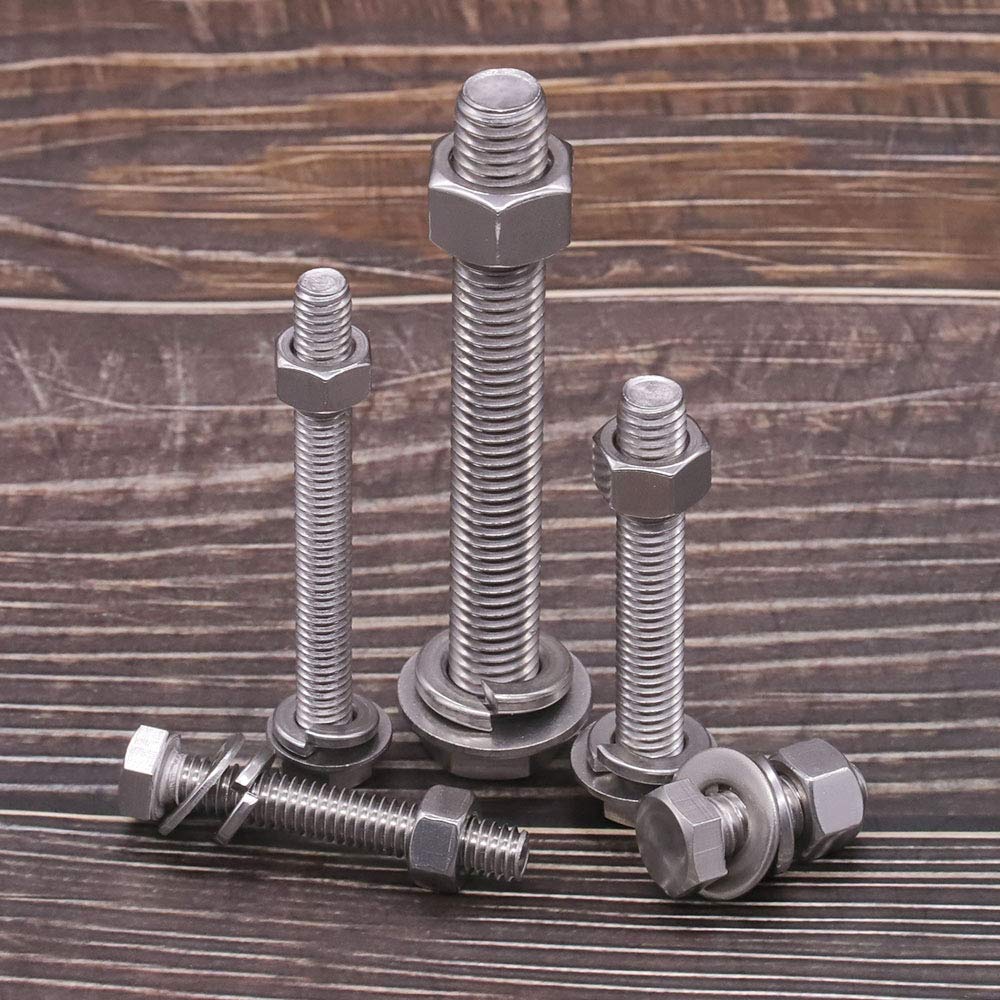 Tornillos hexagonales de acero inoxidable de 14-20 x 3-12 pulgadas (10 juegos) con tuercas arandelas planas, arandelas de bloqueo, 304 SS 18-8,