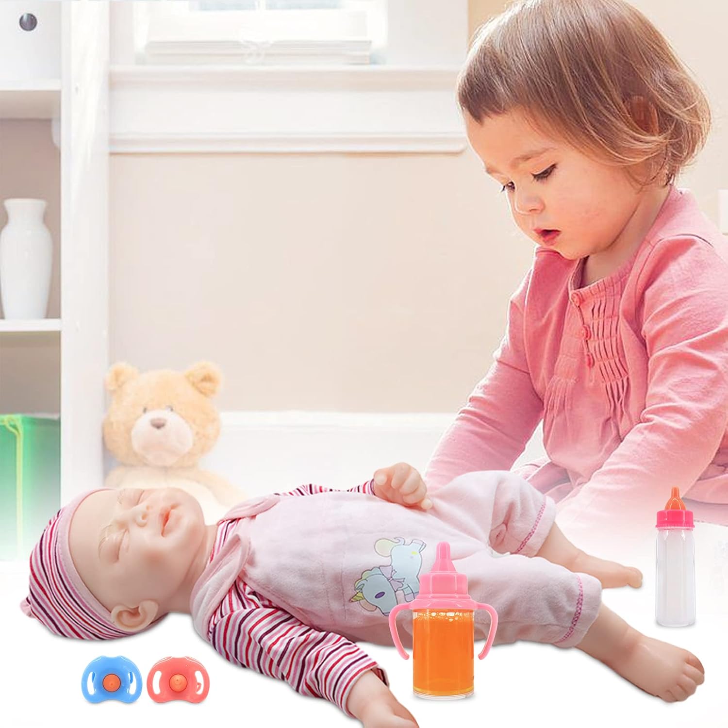 Juego de biberones para muñecas, botellas mágicas que desaparecen de muñeca  botellas de leche de 3.6 pulgadas y botellas de jugo de 3.4 pulgadas