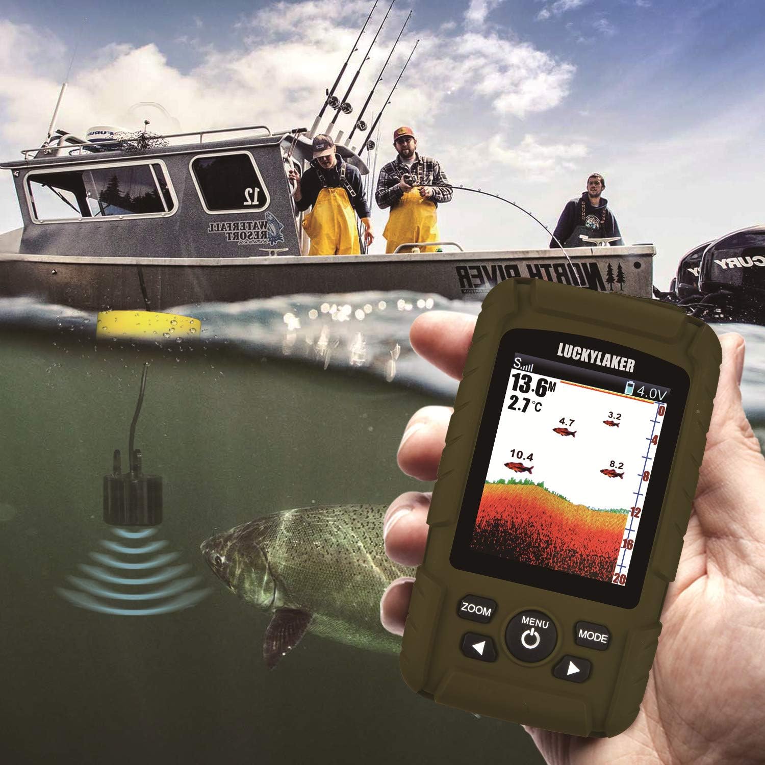 LUCKY Buscador de peces inalámbrico de mano para barco, transductor con cable, sensor sonar, impermeable, portátil, buscadores de profundidad para