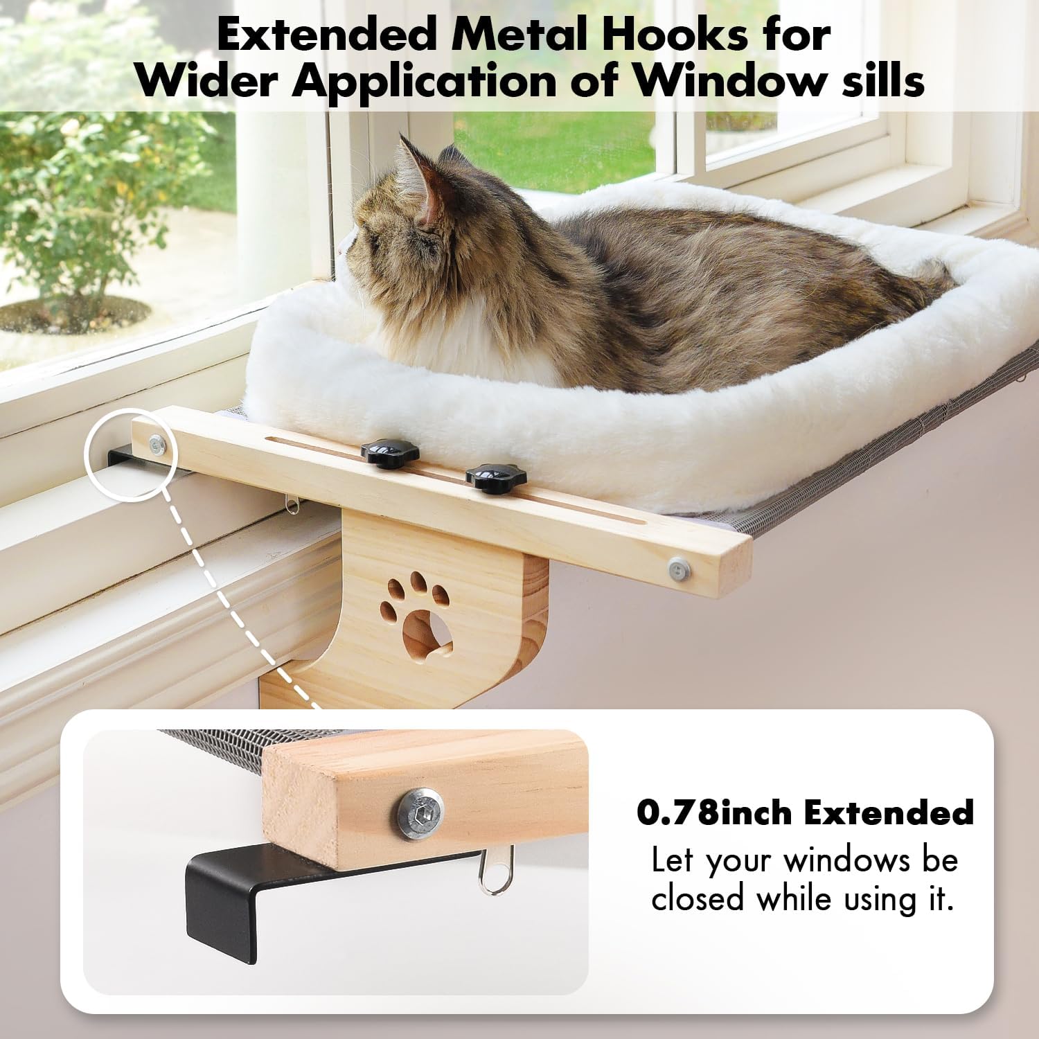 AMOSIJOY Asiento de hamaca resistente para gatos con funda de cama acolchada, marco de madera y metal para gatos grandes, fácil de ajustar alféizar