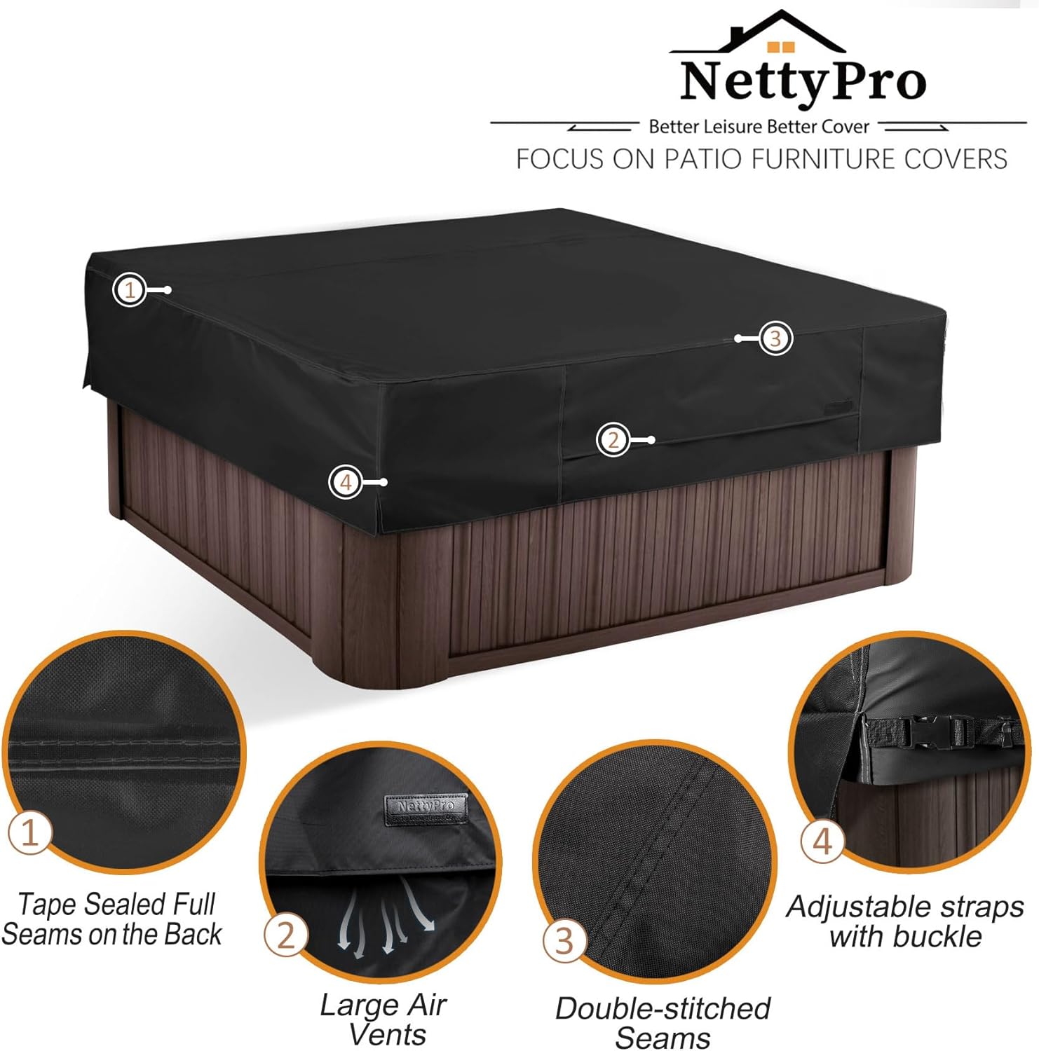 NettyPro Protector de bañera de hidromasaje, impermeable, para exteriores, para bañera de hidromasaje cuadrada, 86 x 86 pulgadas, color negro