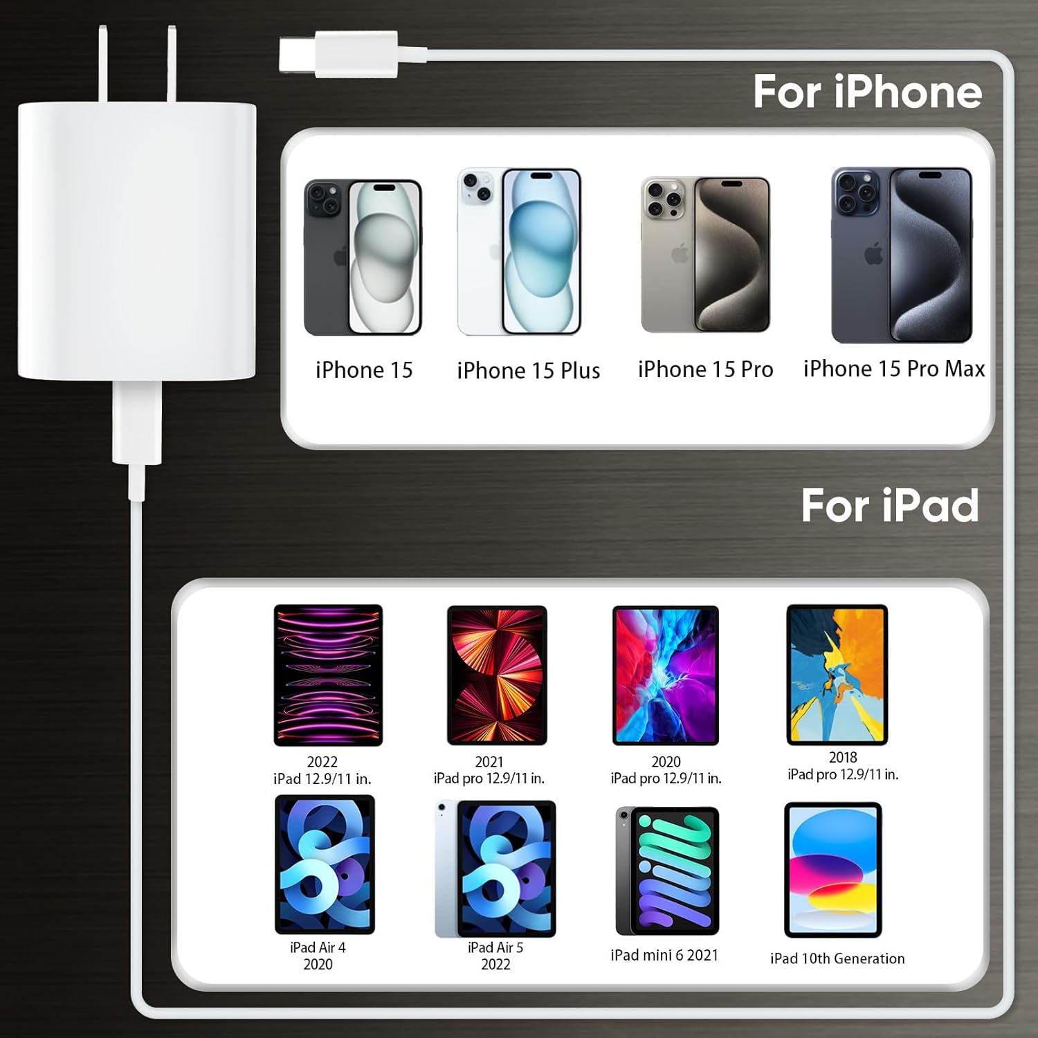 Cargador para iPhone 15 de carga rápida, cargador de iPad de 10 pies de largo USB C a C cable de carga con bloque de carga rápida de iPhone de 20 W