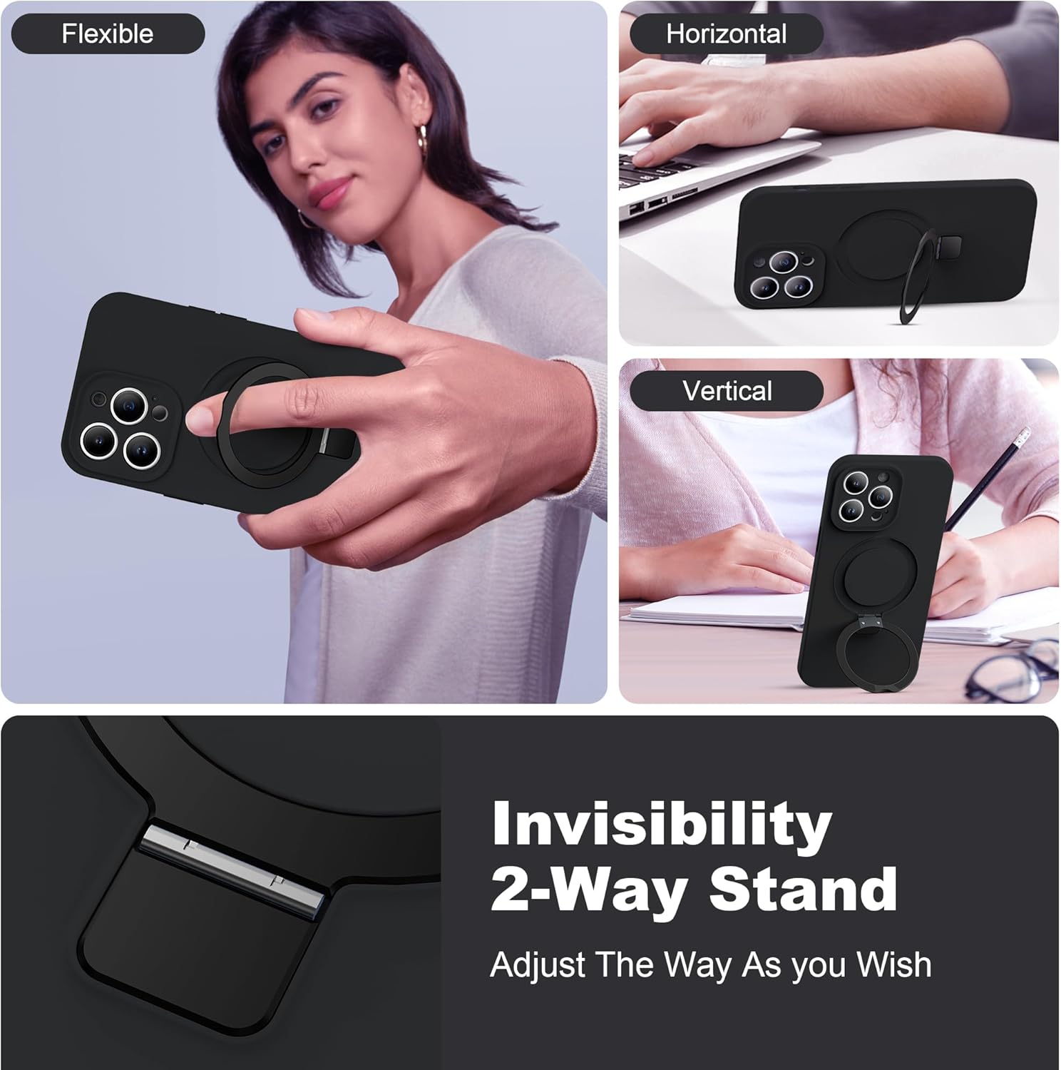 Funda de silicona para iPhone 12 Pro con soporte de anillo magnético, iPhone 12 Pro de 6.1 pulgadas para mujeres y hombres compatible con MagSafe