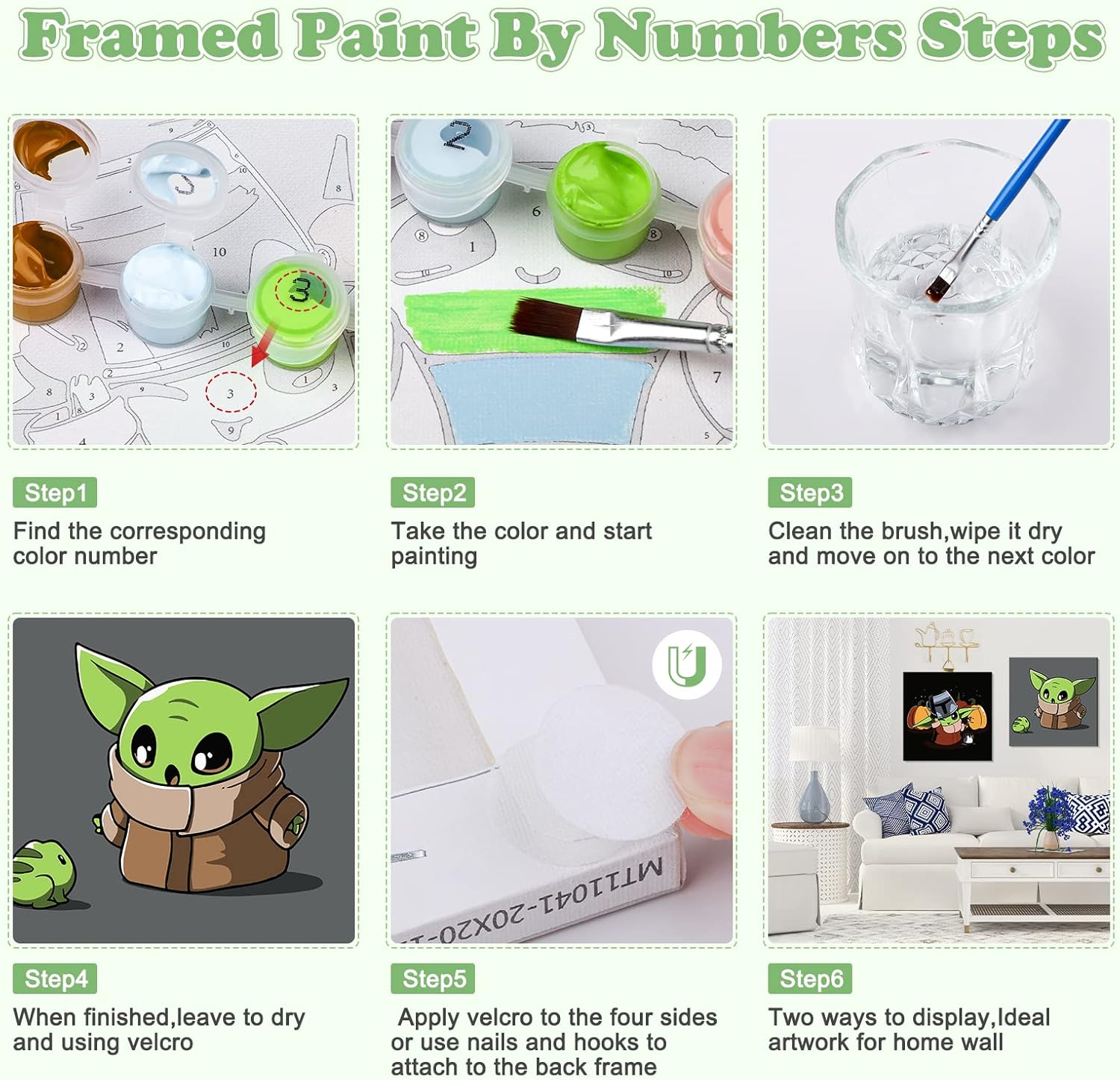 NAIMOER Paquete de 4 pinturas por números para niños, lienzo enmarcado para adultos y niños, pintura Yoda por números para niños de 8 a 12 años,