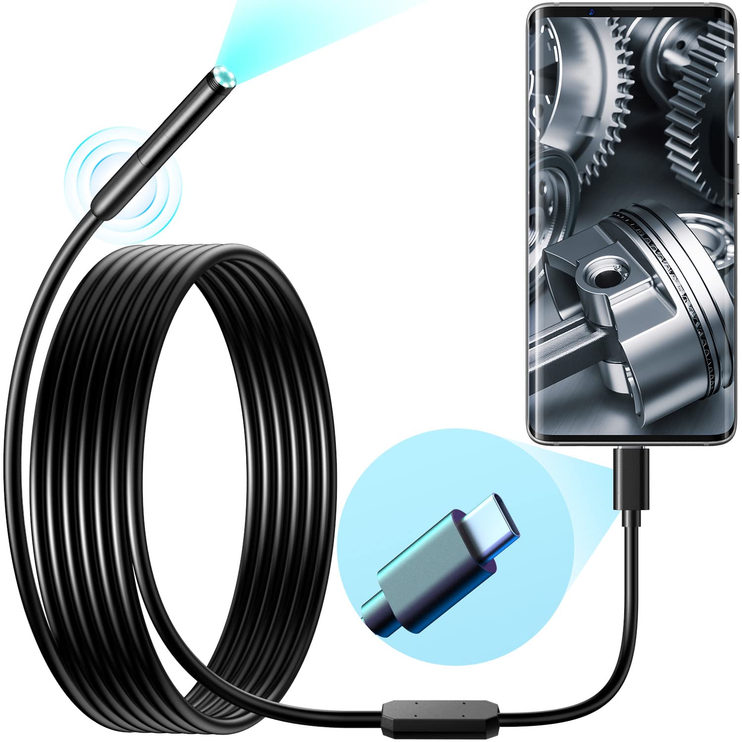Endoscopio inalámbrico, boroscopio industrial Wi-Fi con 6 luces LED, cámara USB tipo C serpiente de 0.311 in, cámara de inspección IP67 impermeable