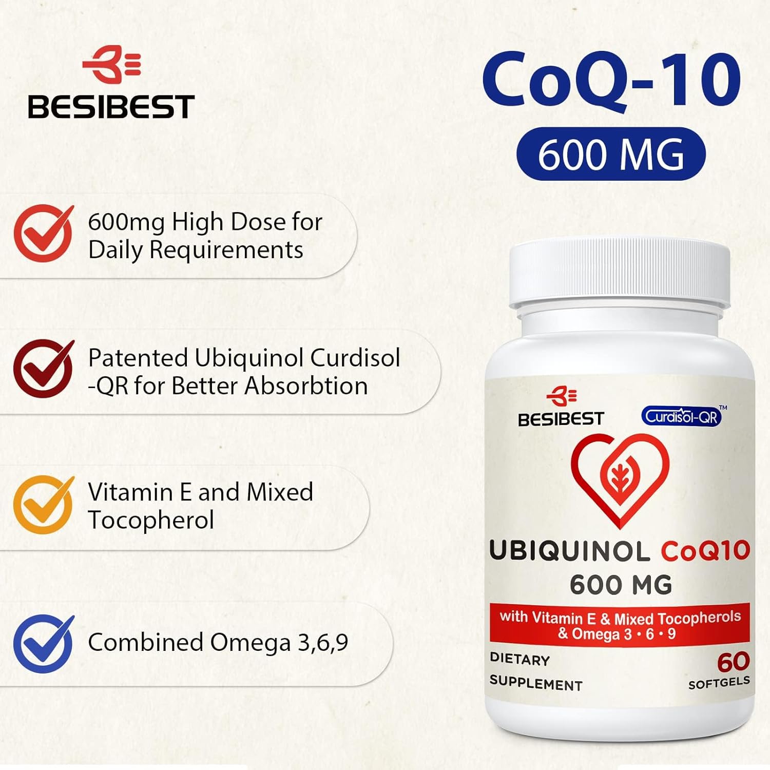 Ubiquinol CoQ10-600mg-Softgel, suplemento activo de ubiquinol Coq10 con vitamina E y Omega 3, 6, 9, alta absorción, coenzima Q10, potente