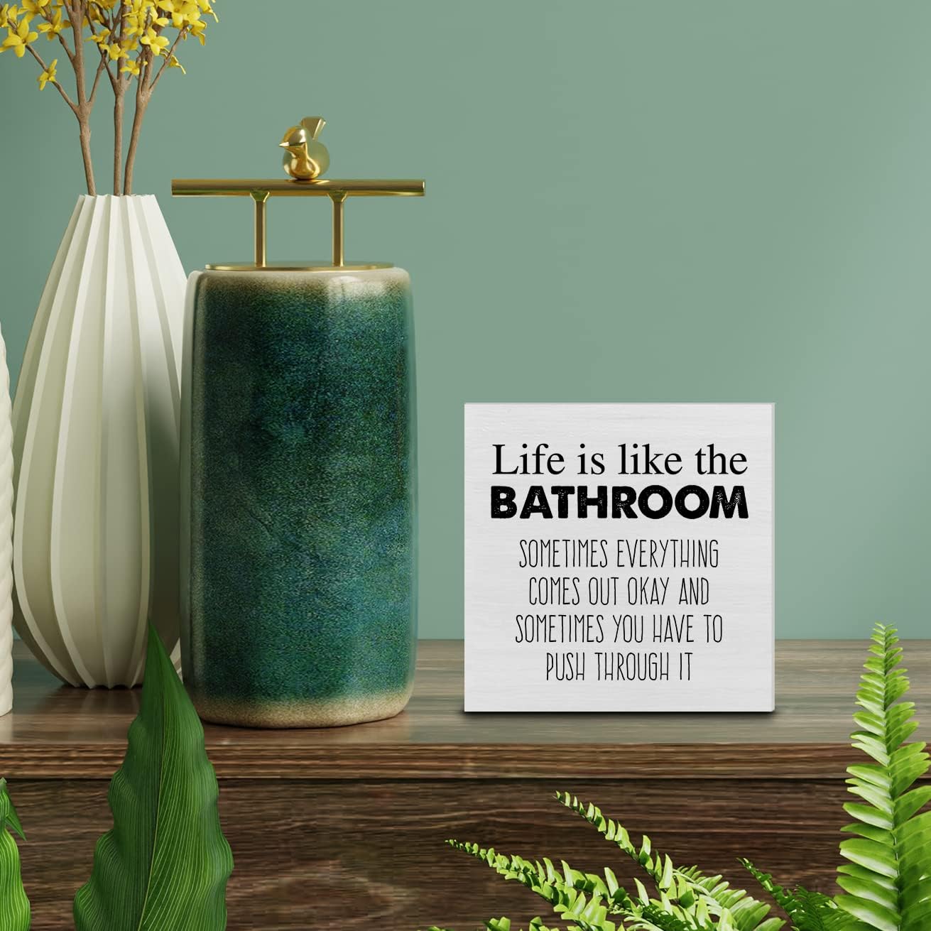 Cartel de madera con texto en inglés “Country Life Is Like the Bath” para decoración de escritorio, humor, baño, caja de madera, letrero de bloque