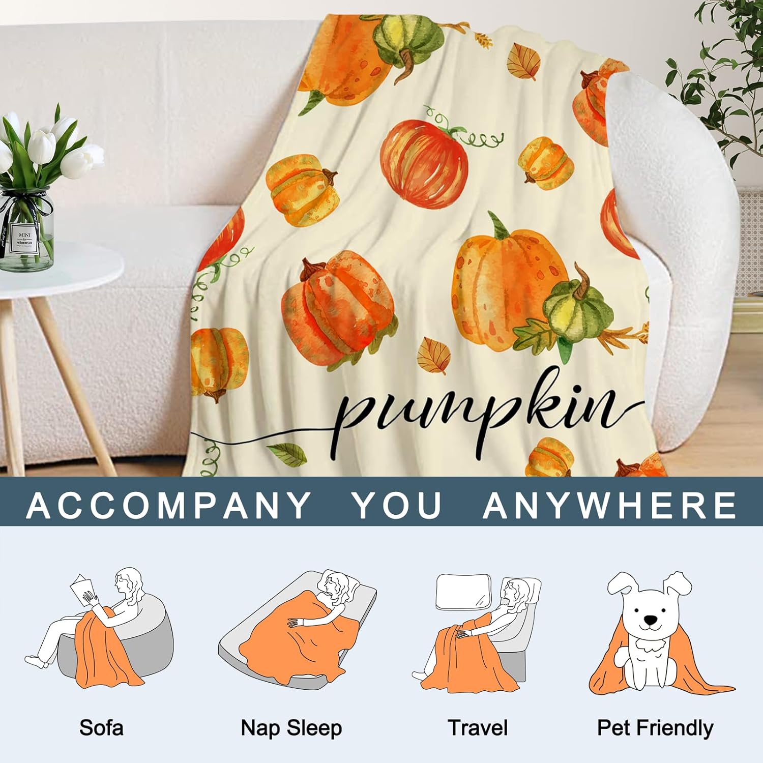 Neatee Living Manta decorativa de otoño de tamaño pequeño para niños, manta de Acción de Gracias de otoño con hojas de calabaza para sofá, cama,