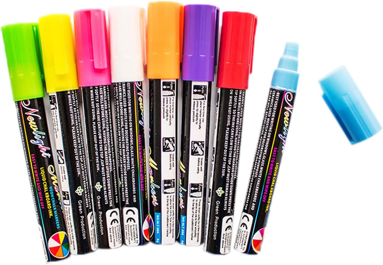 Elonglin Paquete de 8 rotuladores de tinta líquida oblicua borrable de 0.236 in de color fluorescente neón LED para ventana, rotulador de pizarra