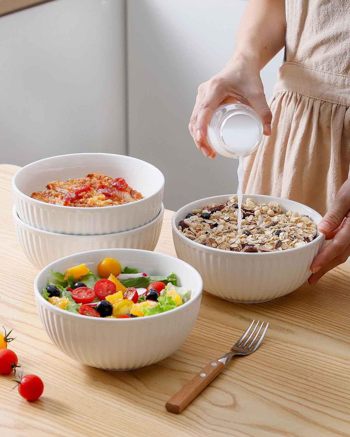 Hasense Cuencos grandes de cerámica blanca de 7 pulgadas a 42 onzas para cocina, modernos platos de porcelana acanalada para entretenimiento, sopa,