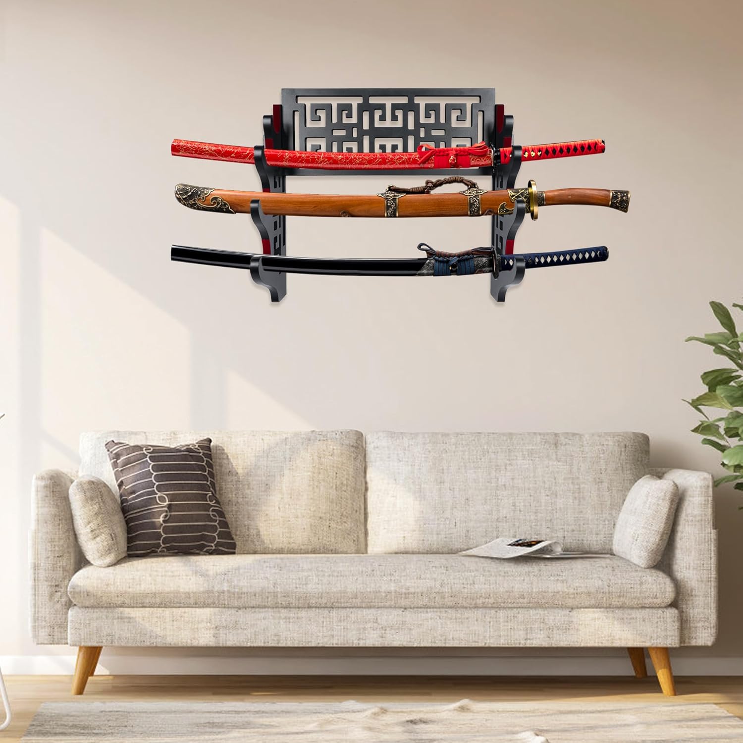 Vevet – Soporte de pared para espadas de 4 niveles, soporte acolchado para Katana, soporte de pared para espadas, soporte de madera samurái para