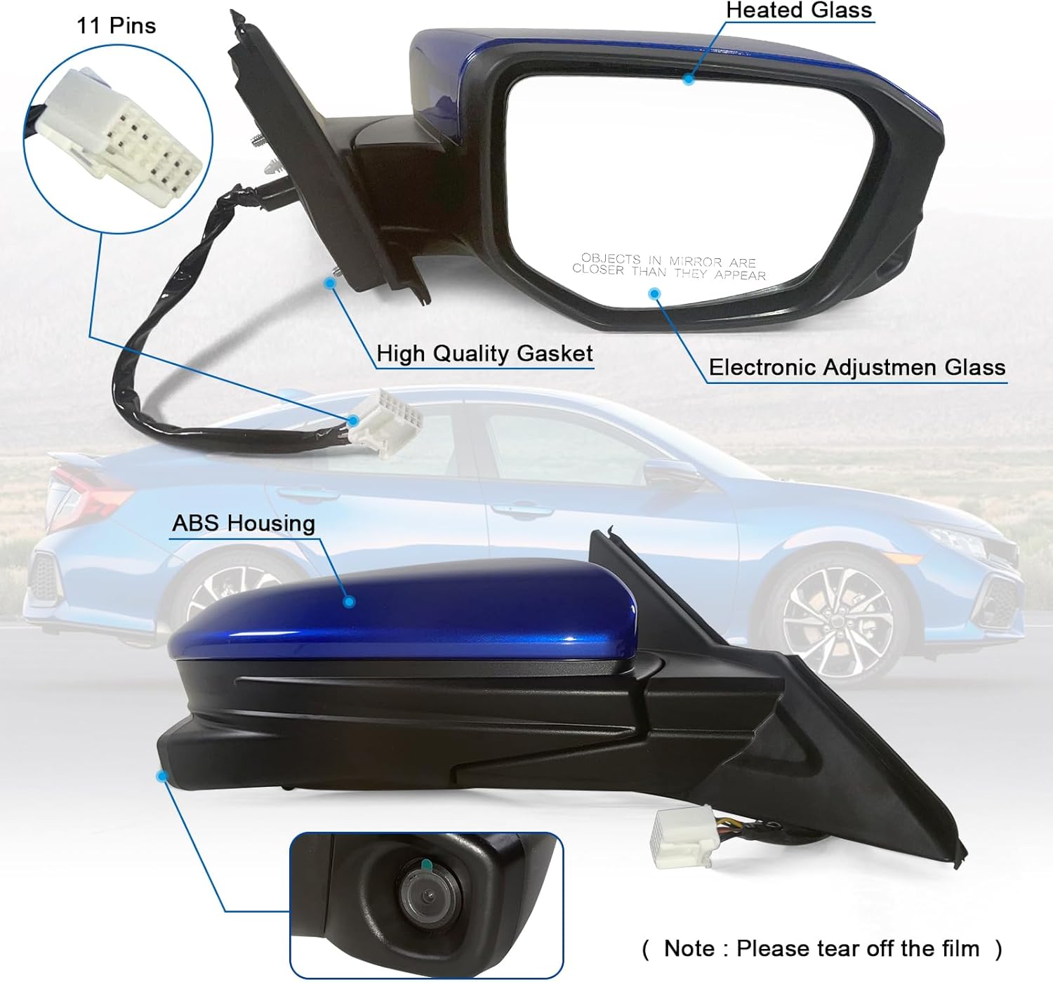 Lqito Espejo de puerta lateral del pasajero compatible con Honda Civic SedancoupeHatchback LxExSport 2016-2021 con calefacción eléctrica y cámara