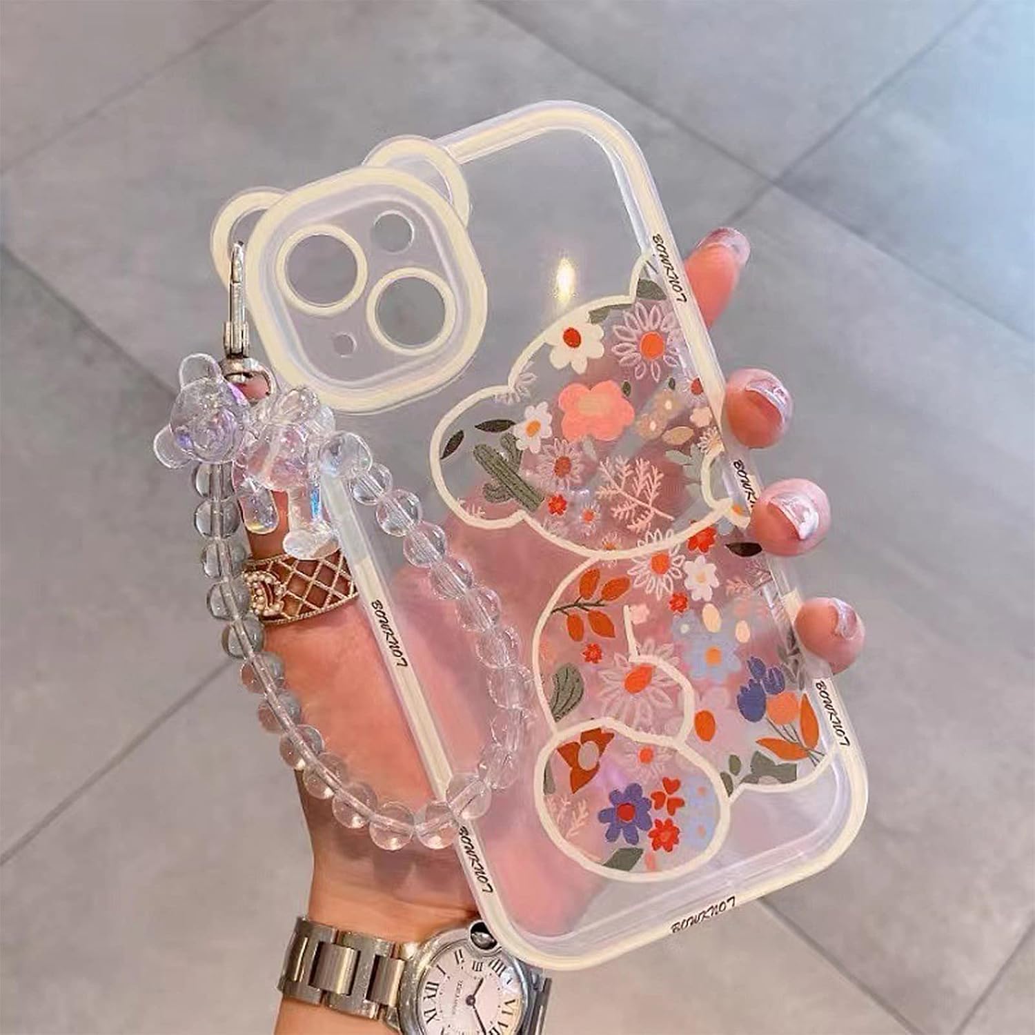 Compatible con iPhone 11, bonita funda de oso floral con bonita correa de muñeca y cadena para niñas y mujeres, protección de cámara Kawaii,