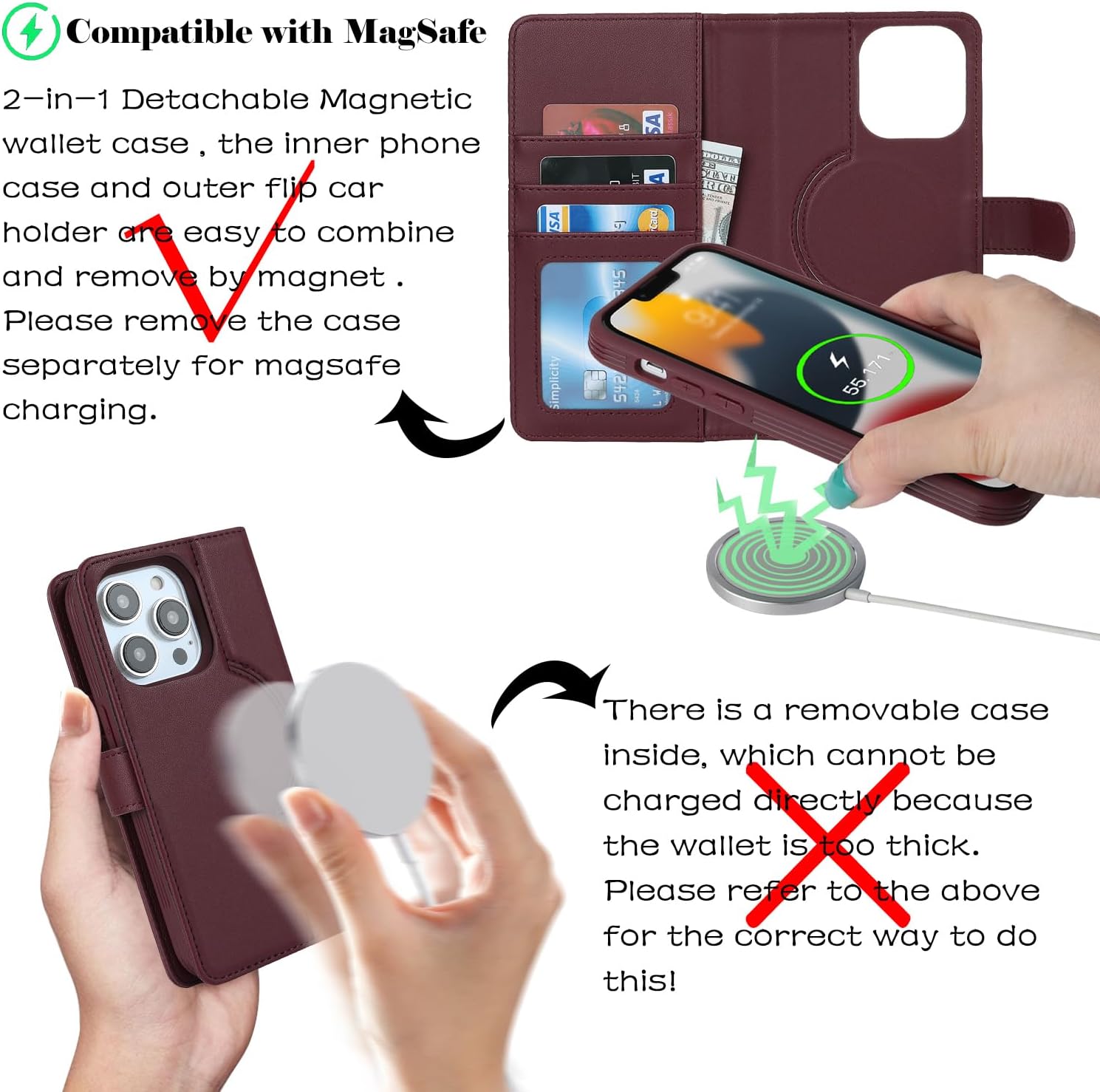 Havaya Magsafe – Funda tipo cartera para iPhone 11 Pro Max, compatible con iPhone 11 Pro Max, con tarjetero, funda desmontable de piel magnética
