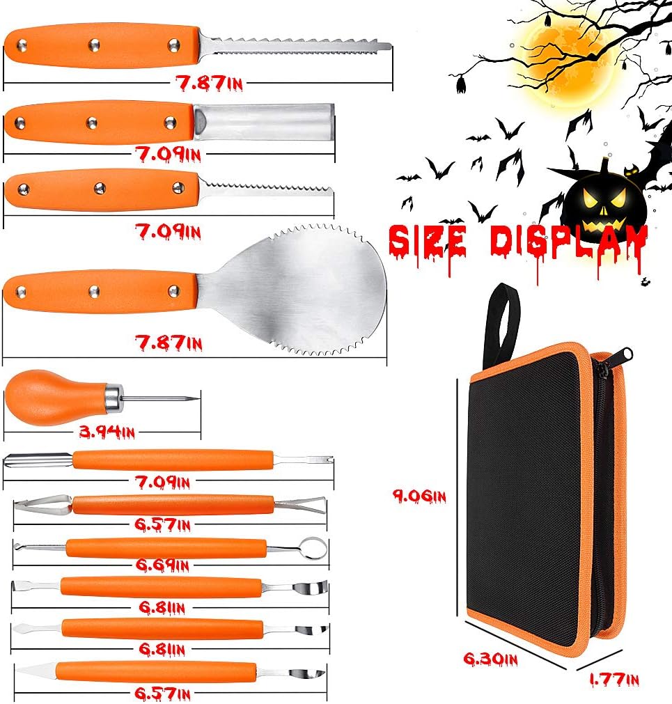 Kit profesional de tallado de calabaza, 11 piezas de herramientas de tallado de acero inoxidable resistentes para Halloween con estuche de