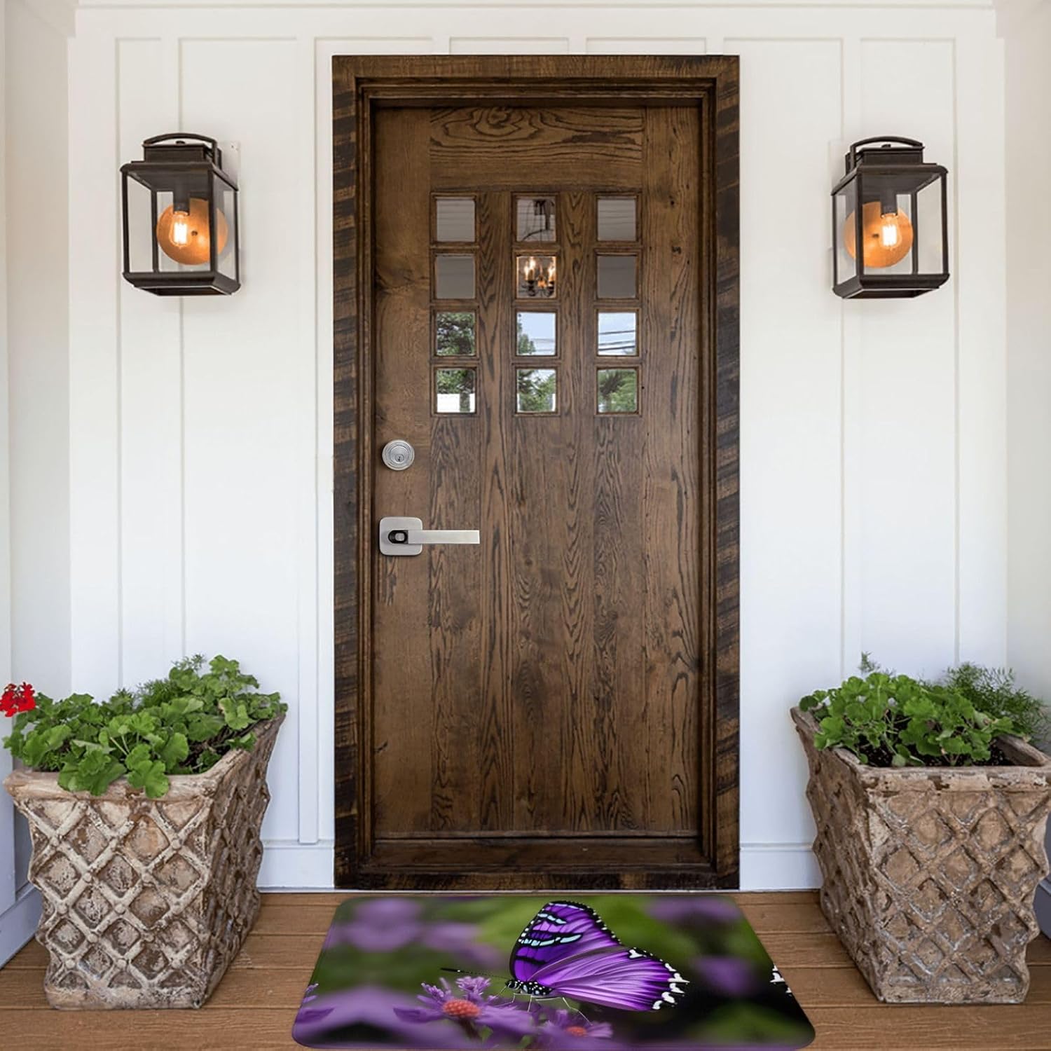 Tapete de puerta con diseño de mariposa morada para puerta exterior, fácil de limpiar, tapete de patio, 16 x 24 pulgadas