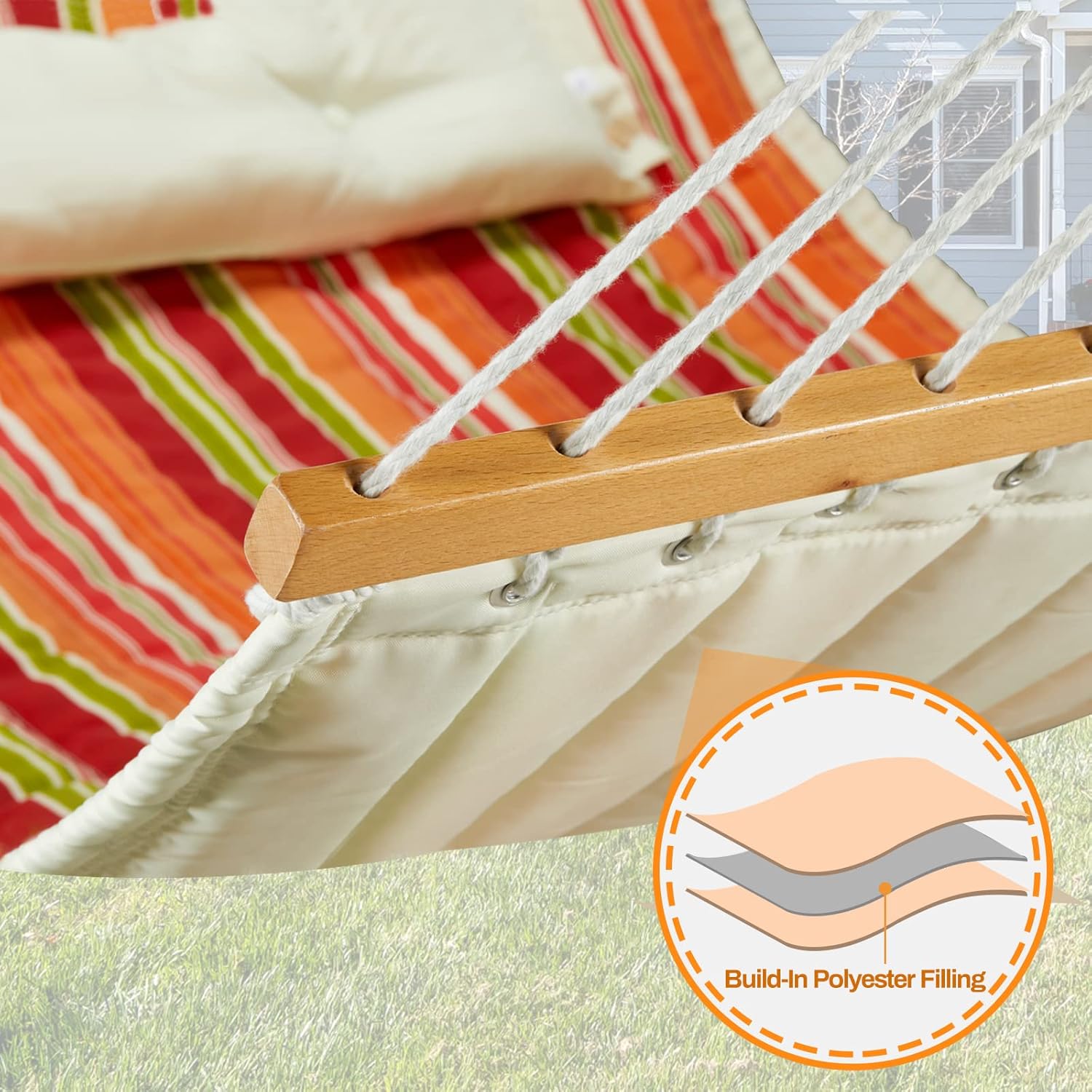Hamaca de tela acolchada doble de 12 pies con barras separadoras y almohada, capacidad de peso de 450 libras, hamaca para 2 personas para patio al