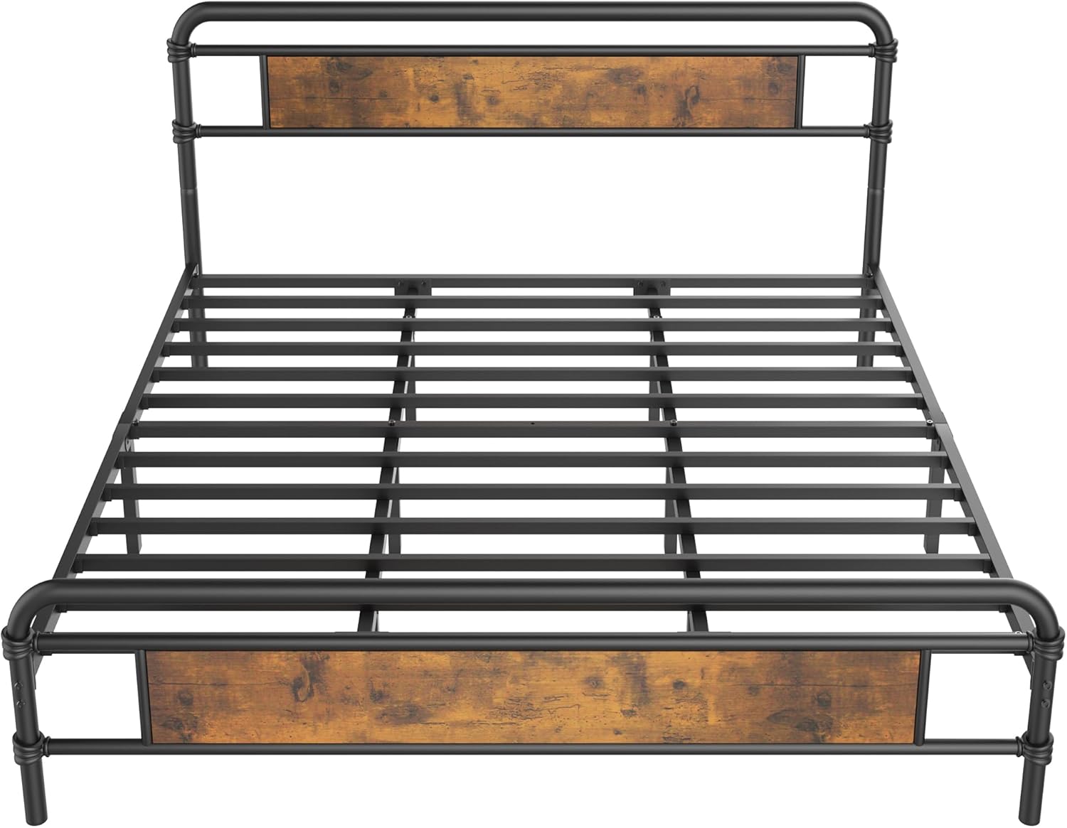 Base de cama King con cabecero, base de cama de plataforma pesada con base de metal fuerte, fácil montaje, no necesita somier, marrón vintage