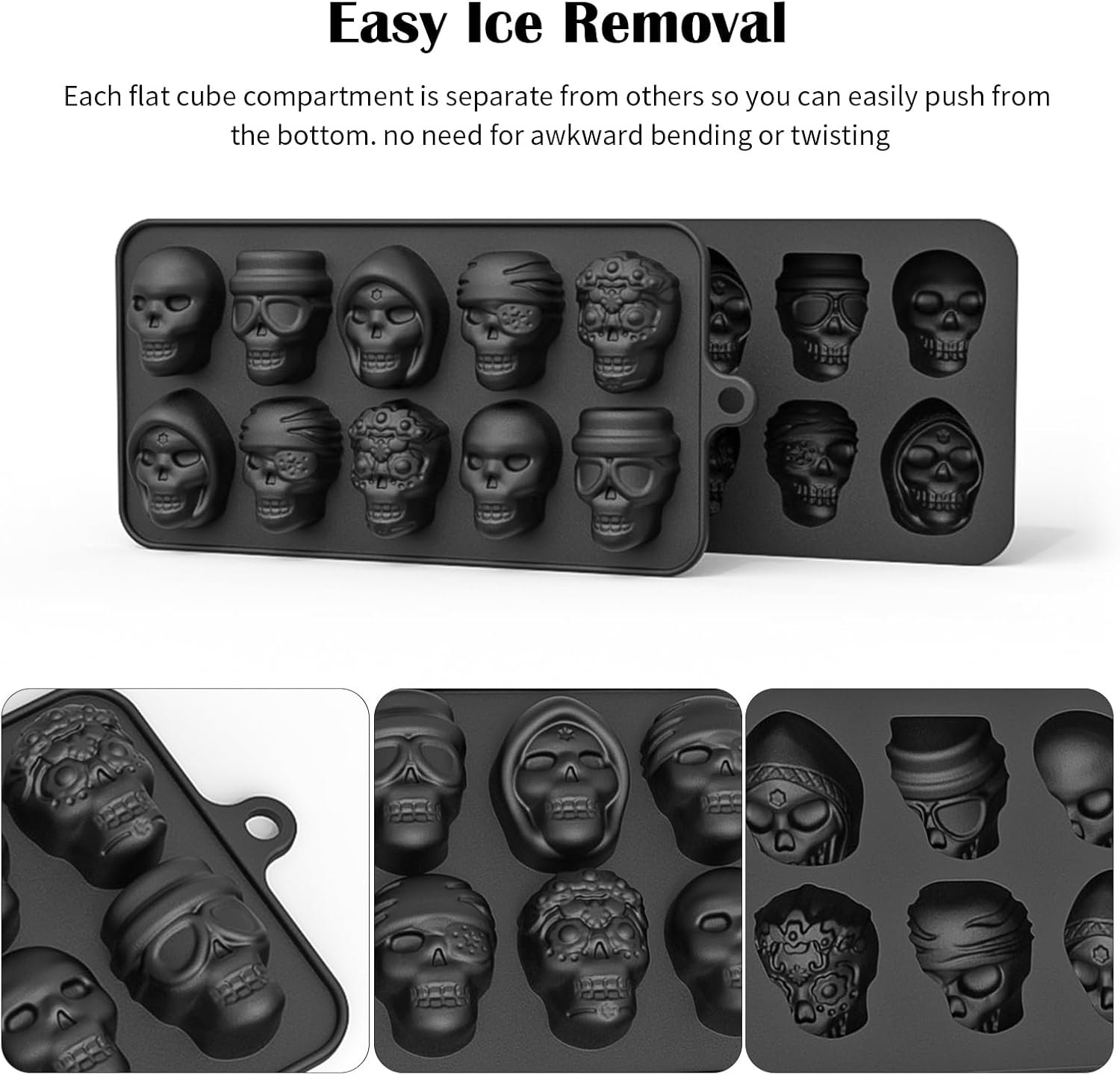 Juego de moldes de calavera 3D de 10 cavidades, molde de silicona para cubitos de hielo, para enfriar, whisky, cócteles, bebidas, pudín, chocolate,