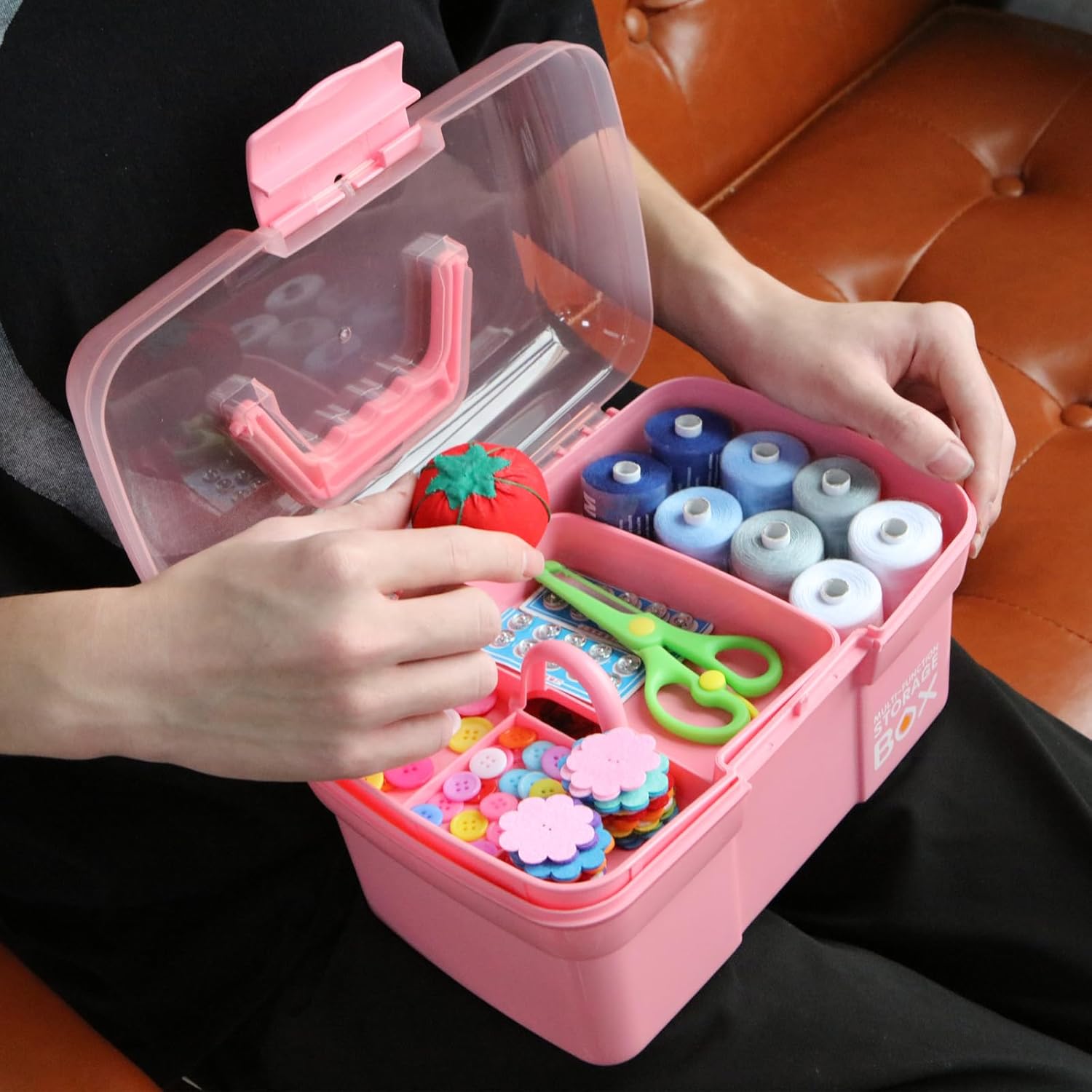 Caja organizadora multiusos de 11 pulgadas con bandeja extraíble, caja de almacenamiento pequeña de plástico con asa, organizador portátil de