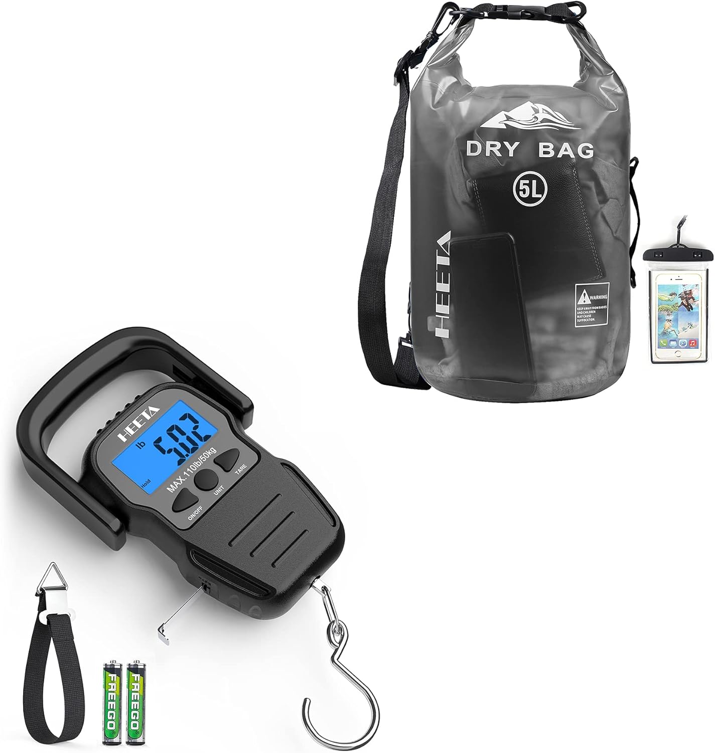 HEETA Báscula de pescado con pantalla LCD retroiluminada con bolsa seca impermeable para mujeres y hombres