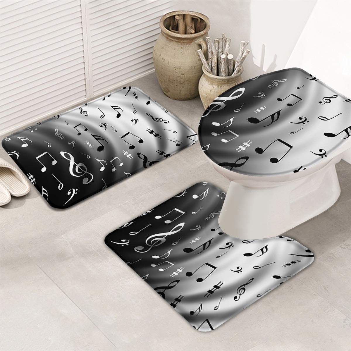 Juego de 3 alfombras de baño con nota musical, incluye tapete de contorno antideslizante, cubierta de tapa de inodoro en forma de U y tapete de baño