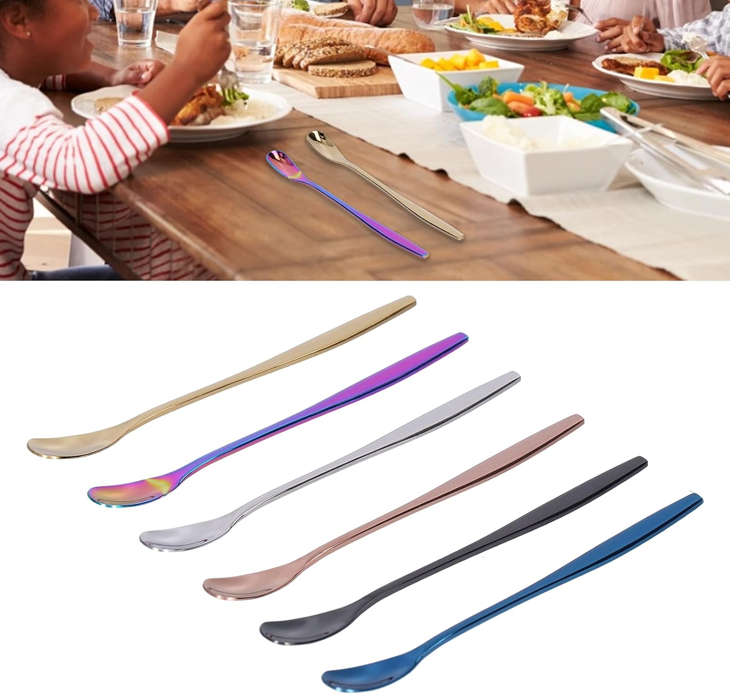 6 cucharas de mango largo, cuchara de té helado de acero inoxidable de 6 pulgadas, cuchara de café para madres, leches, té, mezcla, cóctel, batido,