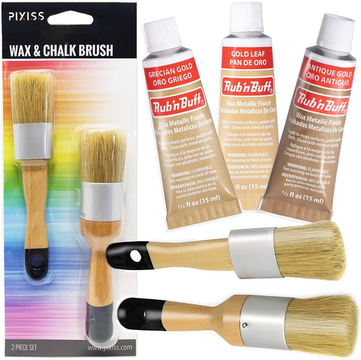 Rub ‘n Buff Gold Tones and Pixiss – Brochas de cera Pixiss, hoja de oro, oro griego, oro antiguo (0.5 onzas líquidas), pintura de cera dorada con