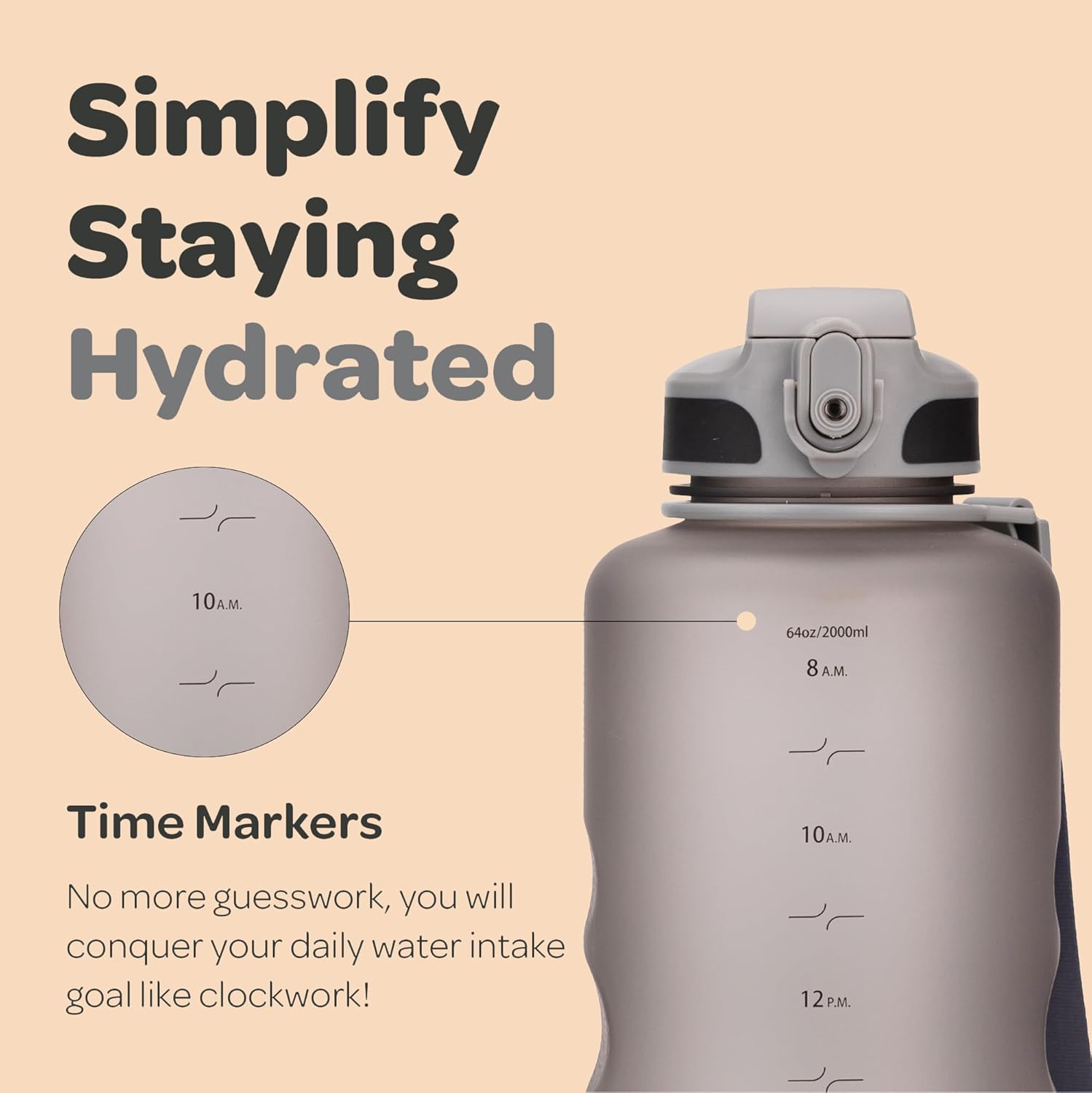 Hydracy Botella de agua con marcador de tiempo, botella de agua grande sin BPA y funda sin sudor, botella de gimnasio a prueba de fugas con infusor