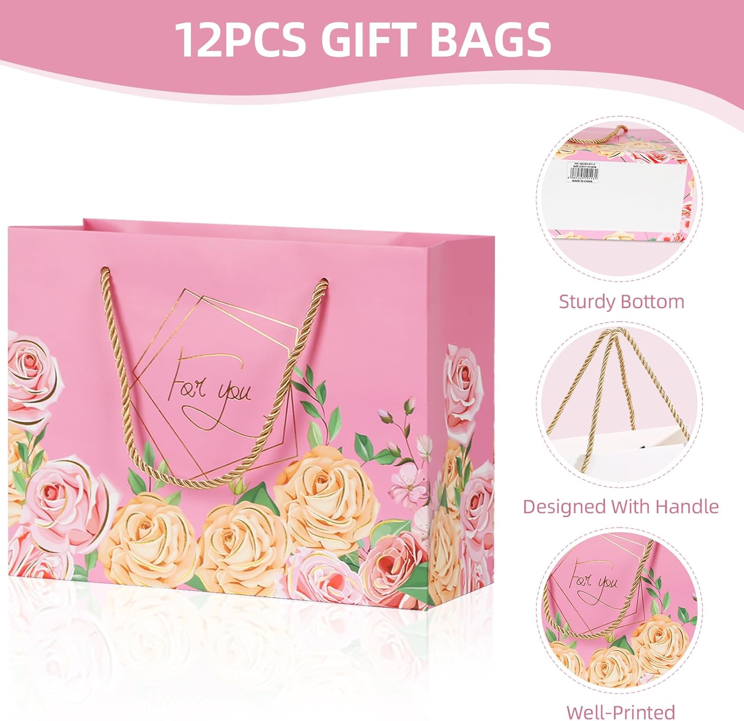 RAZKO Bolsas de regalo florales con asa, paquete de 12 bolsas de regalo de papel medianas de 9.2 pulgadas, bolsas de regalo de 4 colores, bolsas de