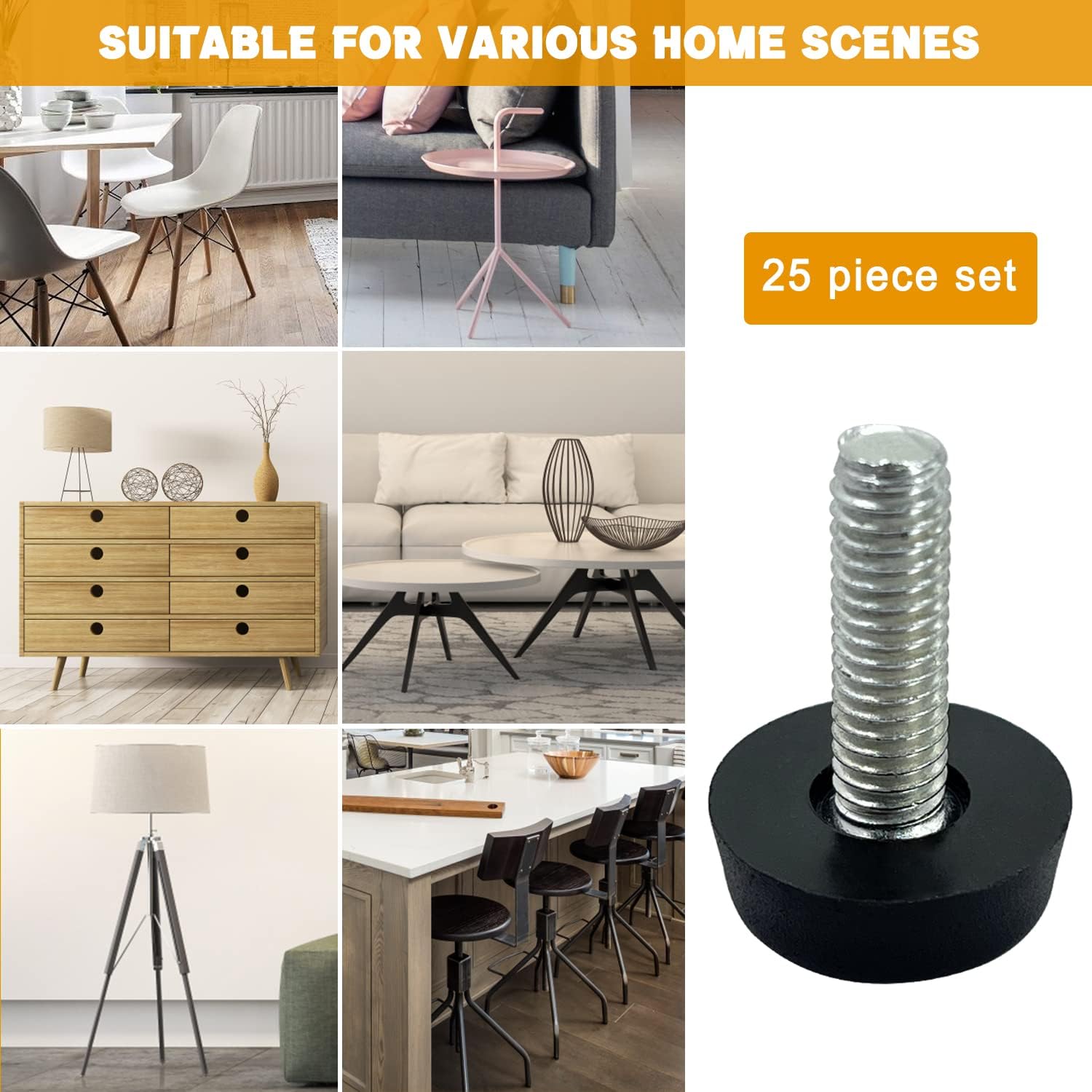 25 patas niveladoras de muebles M6-14 pulgadas ajustables para patas de muebles, tornillos de repuesto para taburetes, mesas, silla, banco, cabniet,