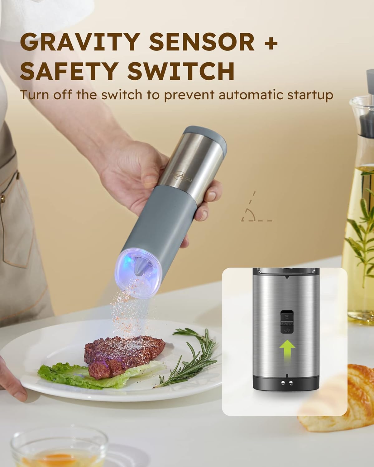 Sangcon Gravity – Molinillo eléctrico de sal y pimienta con interruptor de seguridad, funciona con pilas con luz LED, grosor ajustable, accesorios