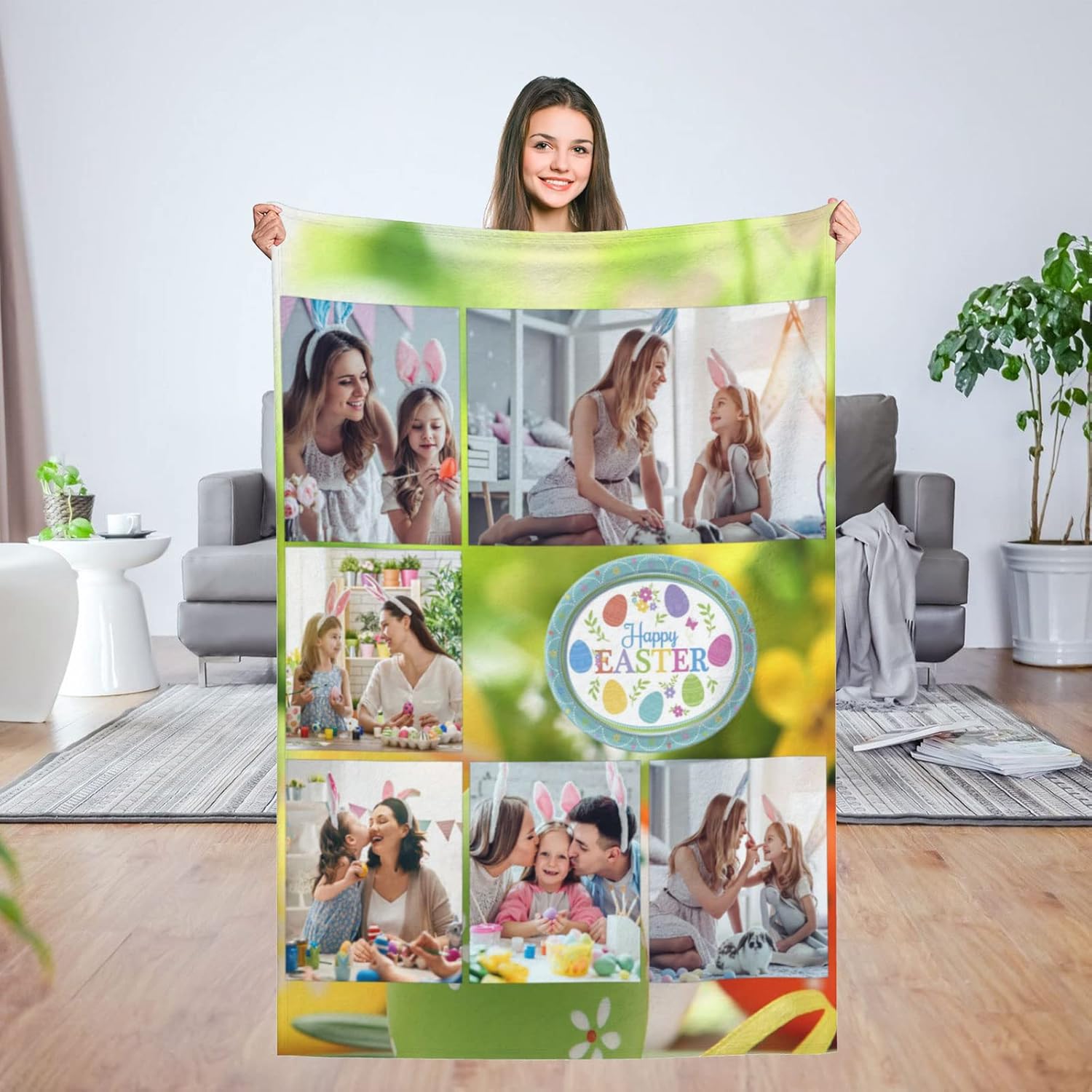 Manta de Pascua personalizada, manta personalizada de conejo de Pascua de primavera, añade tu foto texto, imagen, logotipo, manta de regalo de