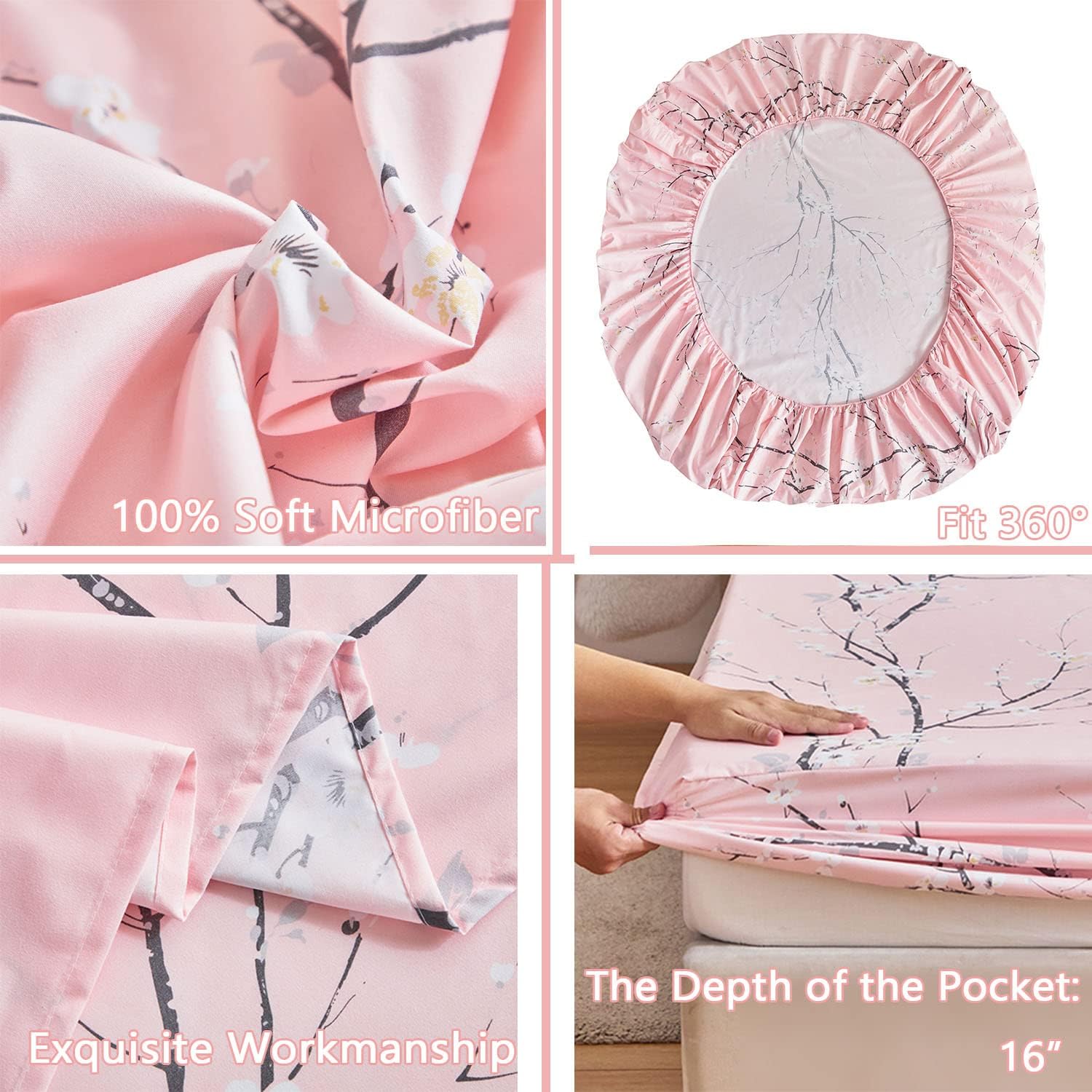 ZRNBAST Juego de sábanas tamaño King de 4 piezas color rubor con bolsillo profundo con estampado de ramas florales, juego de sábanas de color rosa