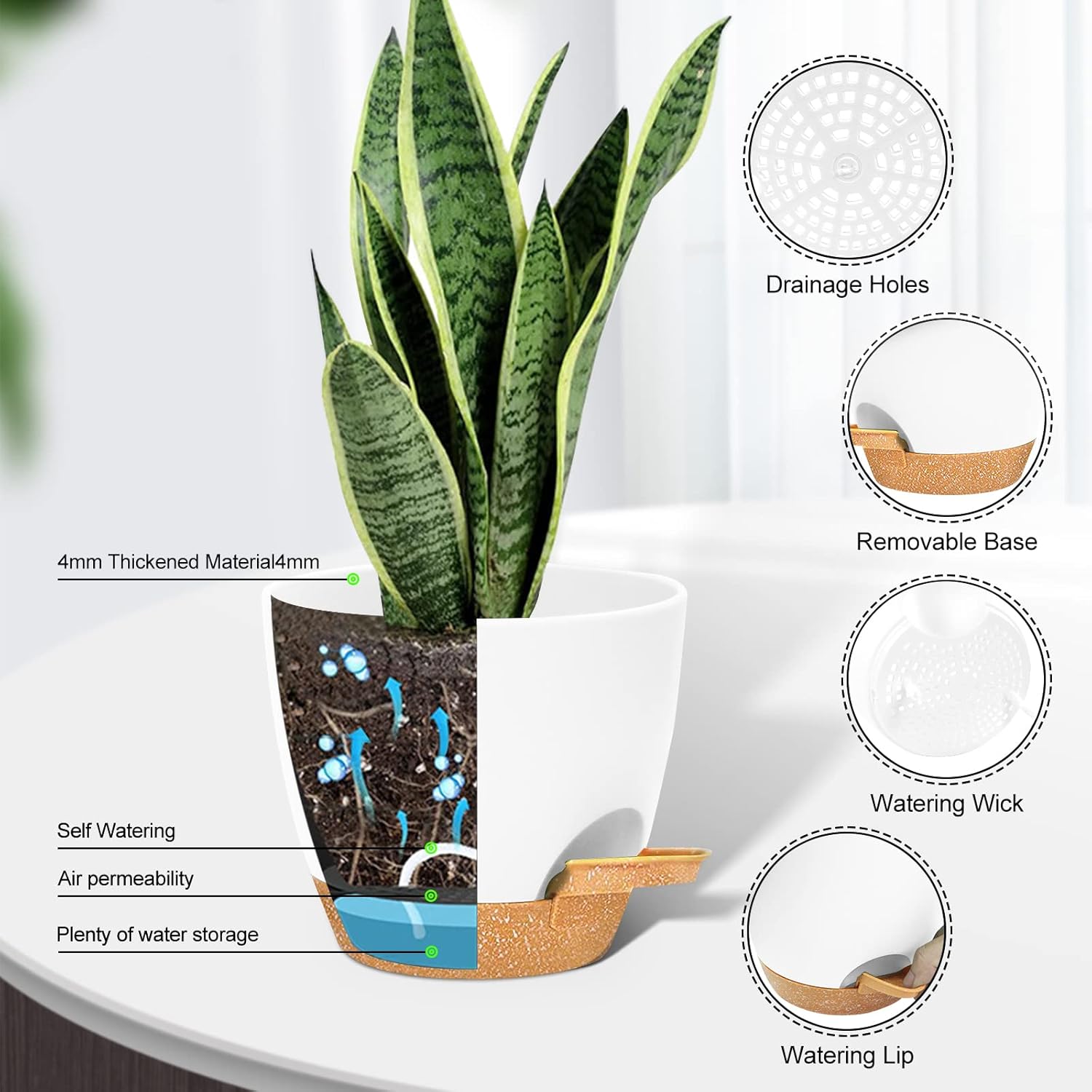 Macetas para plantas, 6 macetas de riego automático de 876.565.55 pulgadas con agujeros de drenaje y depósito profundo para plantas de interior y