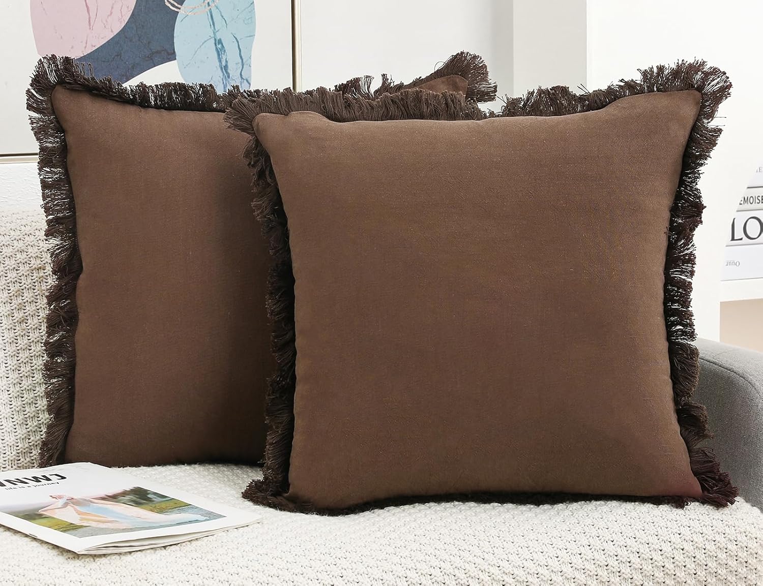 NUYECY Juego de 2 fundas de almohada de lino natural con flecos, fundas de almohada decorativas de color chocolate neutro con borlas elegantes de