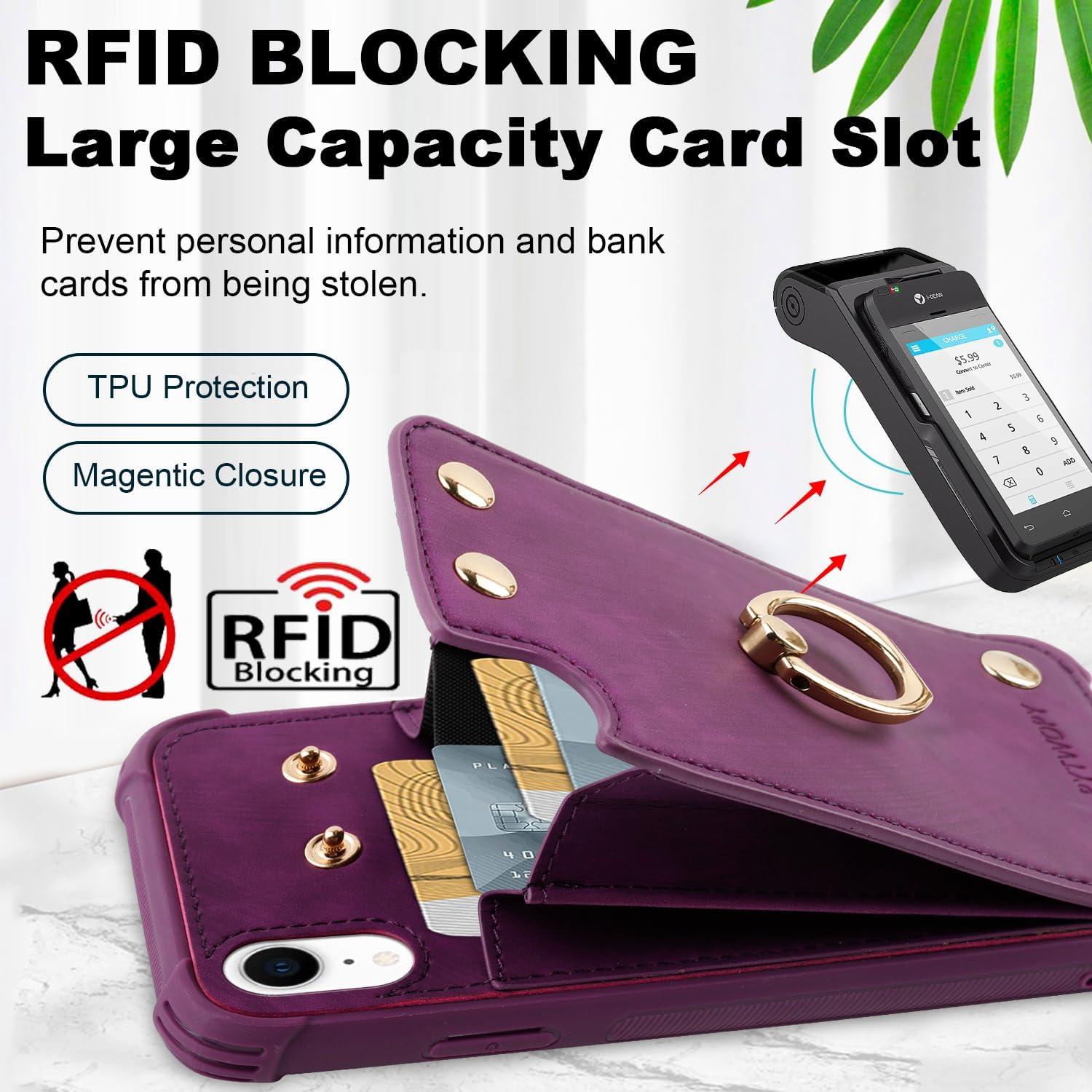 Funda tipo cartera para iPhone XR10R con tarjetero de crédito, funda protectora de cuero a prueba de golpes compatible con anillo de rotación de 360