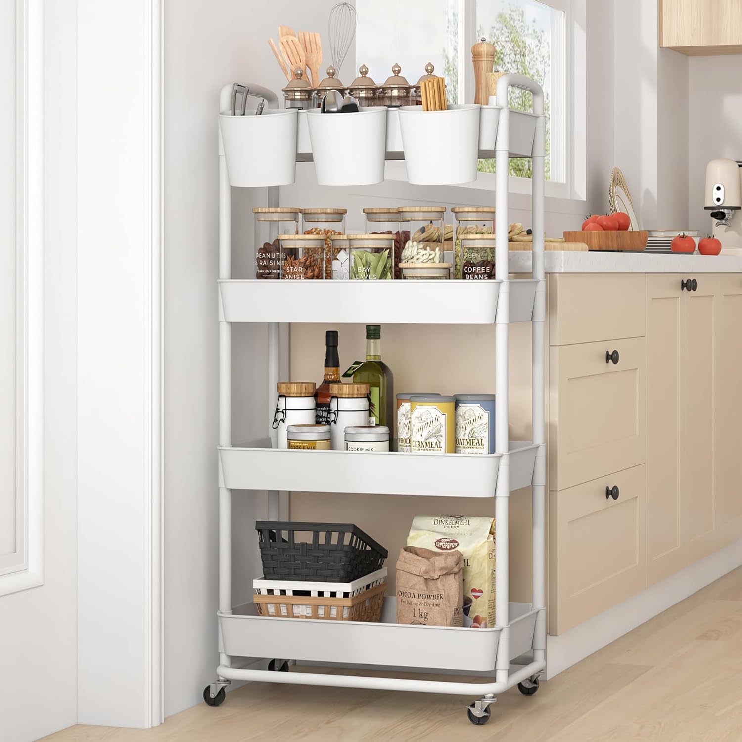 JIUYOTREE Carrito de almacenamiento de plástico de 4 niveles con asas de tazas colgantes adicionales, ruedas bloqueables para sala de estar, baño,